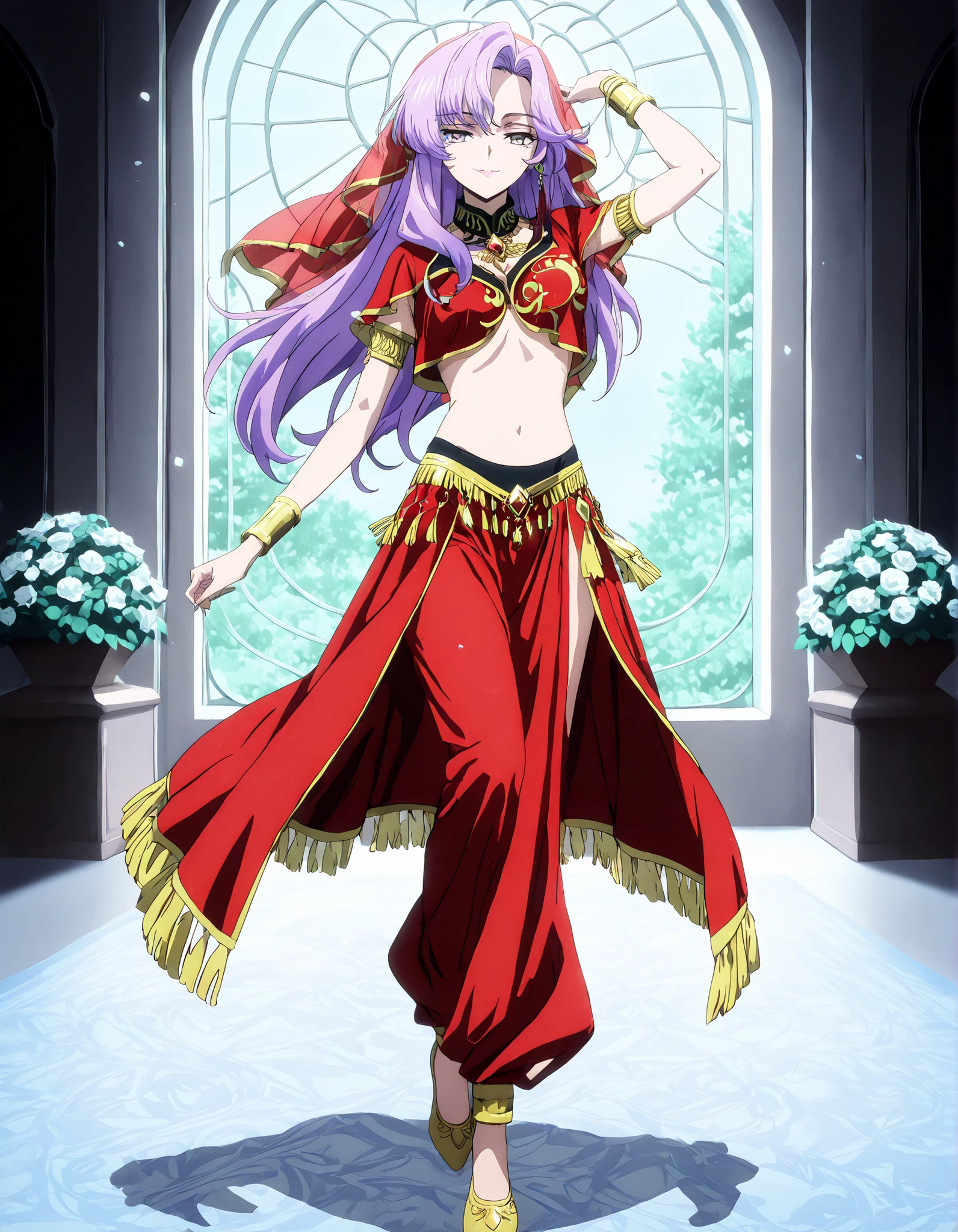 (1girl:1 . 5) , (Seul:1 . 5) , score_9 , score_8_haut , score_7_haut , source_anime , Official work  , ultra-detailed , masterpiece , better quality , high resolution , beaux yeux , detailed eyes , Detailed face , beautiful detailed eyes,long hair, purple hair, pink hair, multicolored hair, grey eyes,Cardfight Vanguard Divinez,Nao Inabe,Arabian Clothes , Arabian Dancer Outfit ,belly dancer costume,belly dancer outfit ,full body,golden jewelery,armlet, belly dancing,arabian garden,seductive smile, dancing with veil, dynamic movement,dance posture, seductive pose