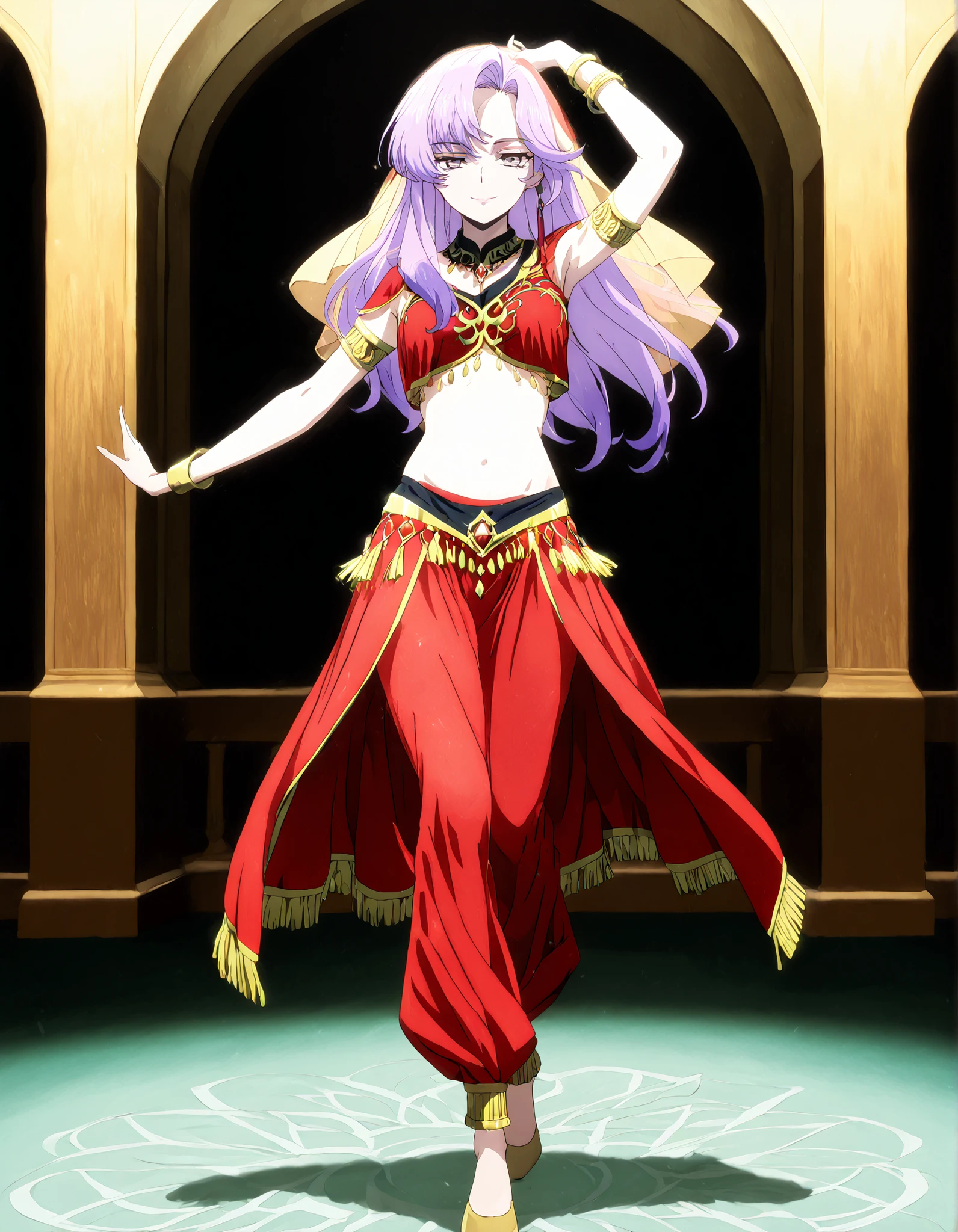 (1girl:1 . 5) , (Seul:1 . 5) , score_9 , score_8_haut , score_7_haut , source_anime , Official work , ultra-detailed , masterpiece , better quality , high resolution , beaux yeux , detailed eyes , Detailed face , beautiful detailed eyes,long hair, purple hair, pink hair, multicolored hair, grey eyes,Cardfight Vanguard Divinez,Nao Inabe,Arabian Clothes , Arabian Dancer Outfit ,belly dancer costume,belly dancer outfit ,full body,golden jewelery,armlet, belly dancing,arabian garden,seductive smile, dancing with veil, dynamic movement,dance posture, seductive pose