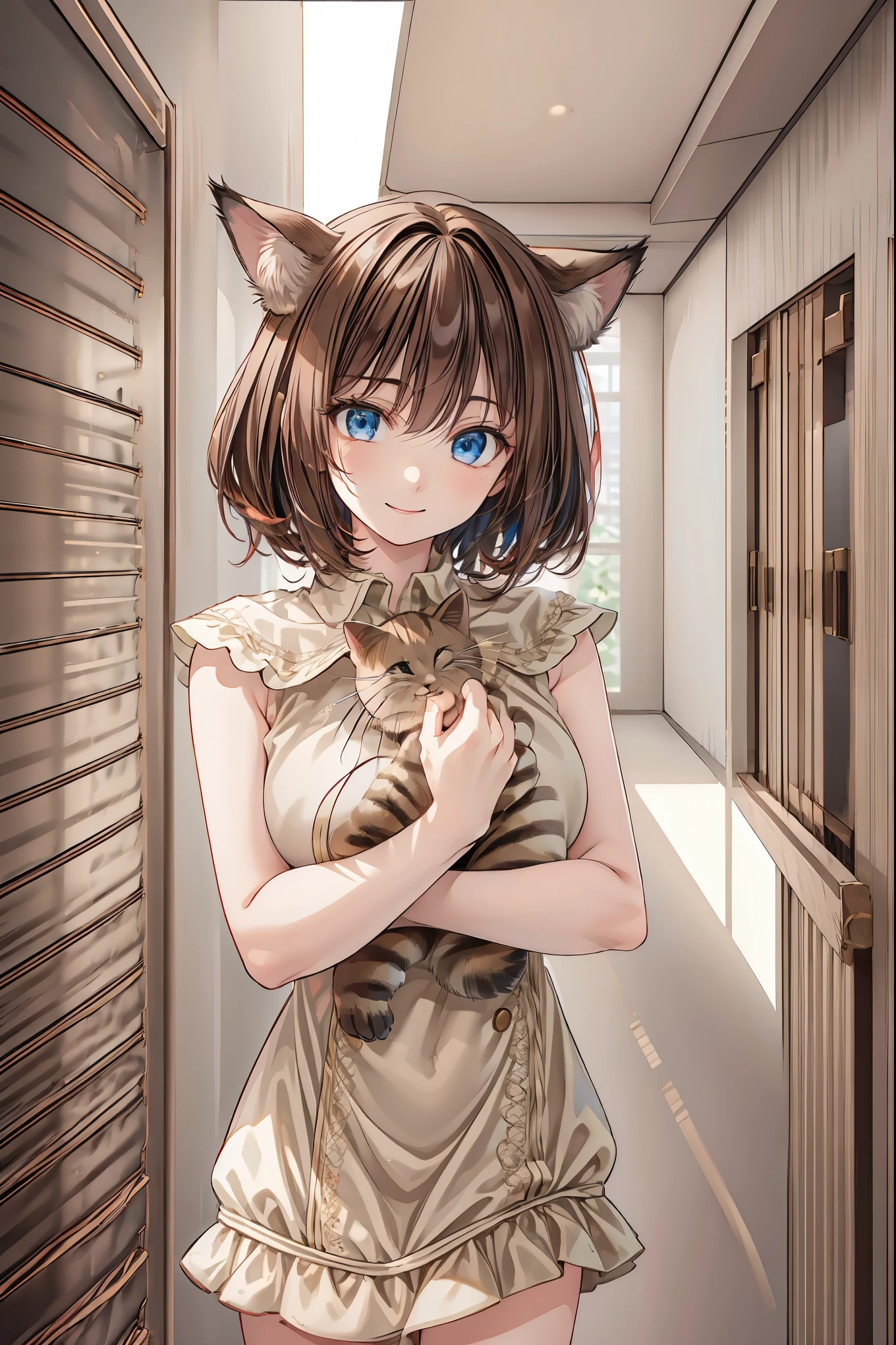 8K,High Quality,Best quality at its best,Realistic,masterpiece,cowboy shot、A delicate smile,beautiful eyes,Textured Skin,gentle and beautiful woman, girl holding a kitten ,Brilliant Colors,Rebellious Share House,I want cats to share too,Kilo,studio lighting,Bokeh,vivid color,physics-based rendering with beautiful eyebrows,Extreme Detailed Expression,Professional