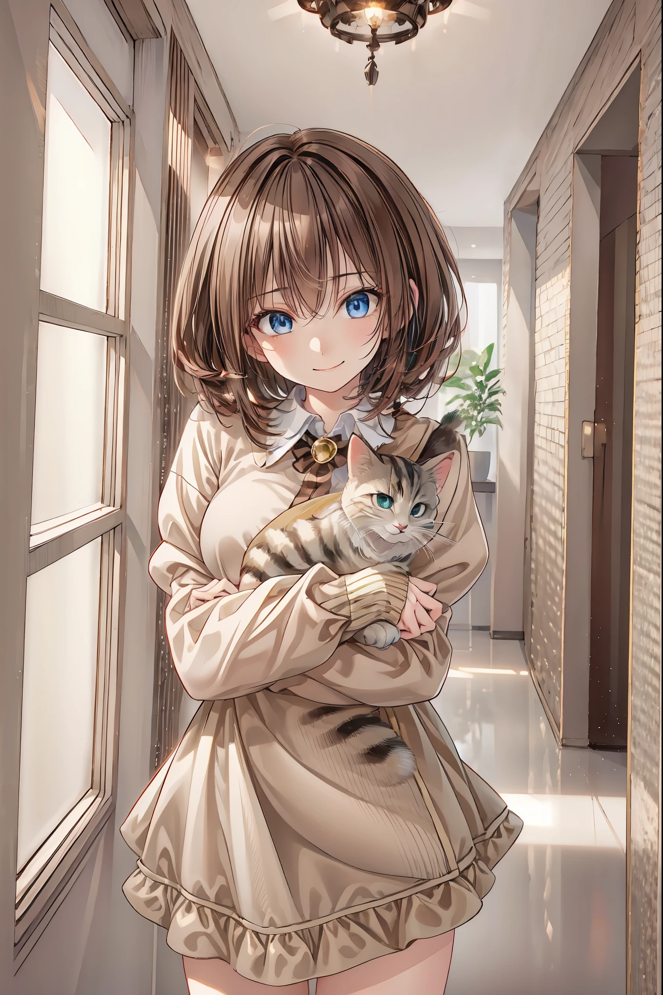 8K,High Quality,Best quality at its best,Realistic,masterpiece,cowboy shot、A delicate smile,beautiful eyes,Textured Skin,gentle and beautiful woman, girl holding a kitten ,Brilliant Colors,Rebellious Share House,I want cats to share too,Kilo,studio lighting,Bokeh,vivid color,physics-based rendering with beautiful eyebrows,Extreme Detailed Expression,Professional