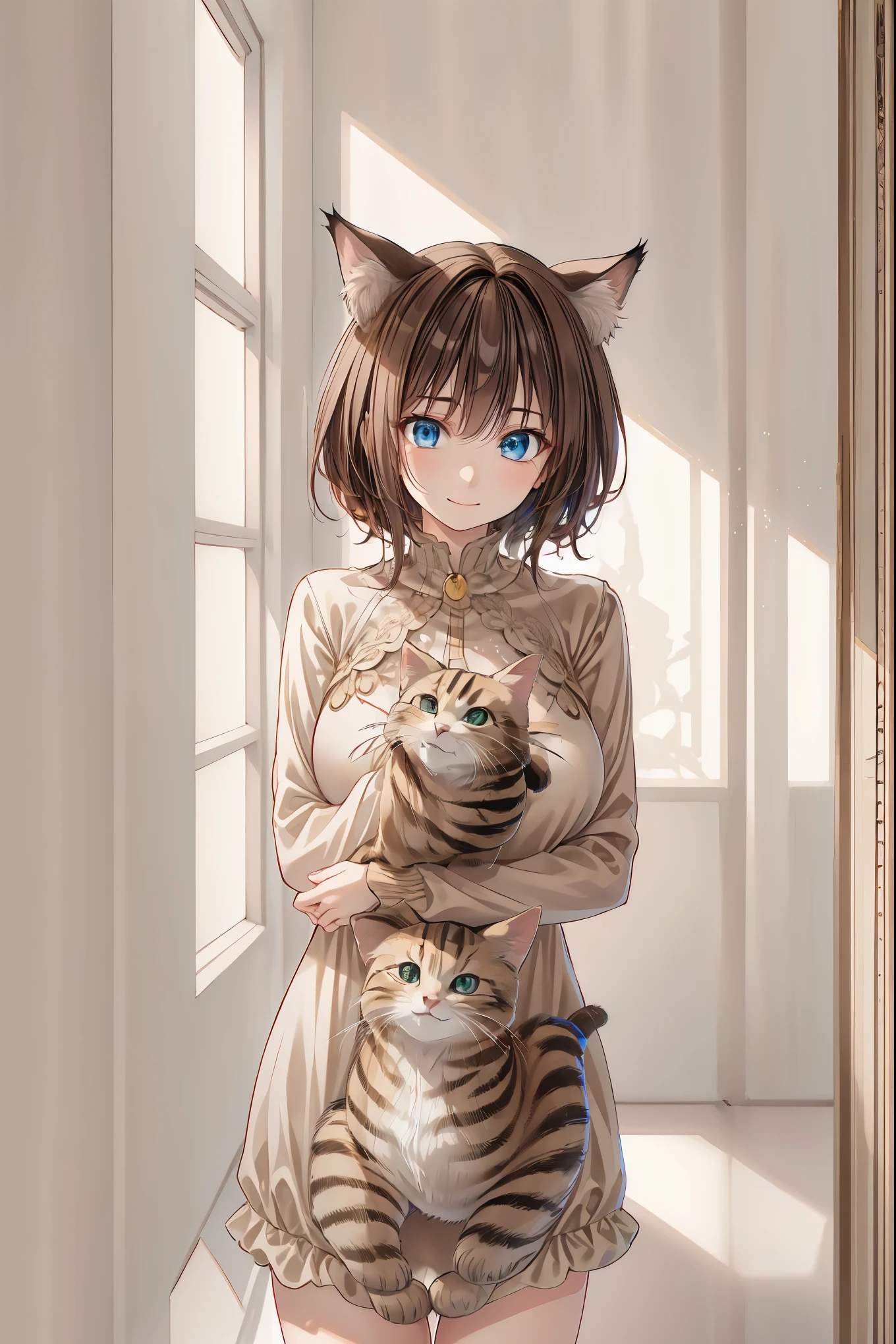 8K,High Quality,Best quality at its best,Realistic,masterpiece,cowboy shot、A delicate smile,beautiful eyes,Textured Skin,gentle and beautiful woman, girl holding a kitten ,Brilliant Colors,Rebellious Share House,I want cats to share too,Kilo,studio lighting,Bokeh,vivid color,physics-based rendering with beautiful eyebrows,Extreme Detailed Expression,Professional