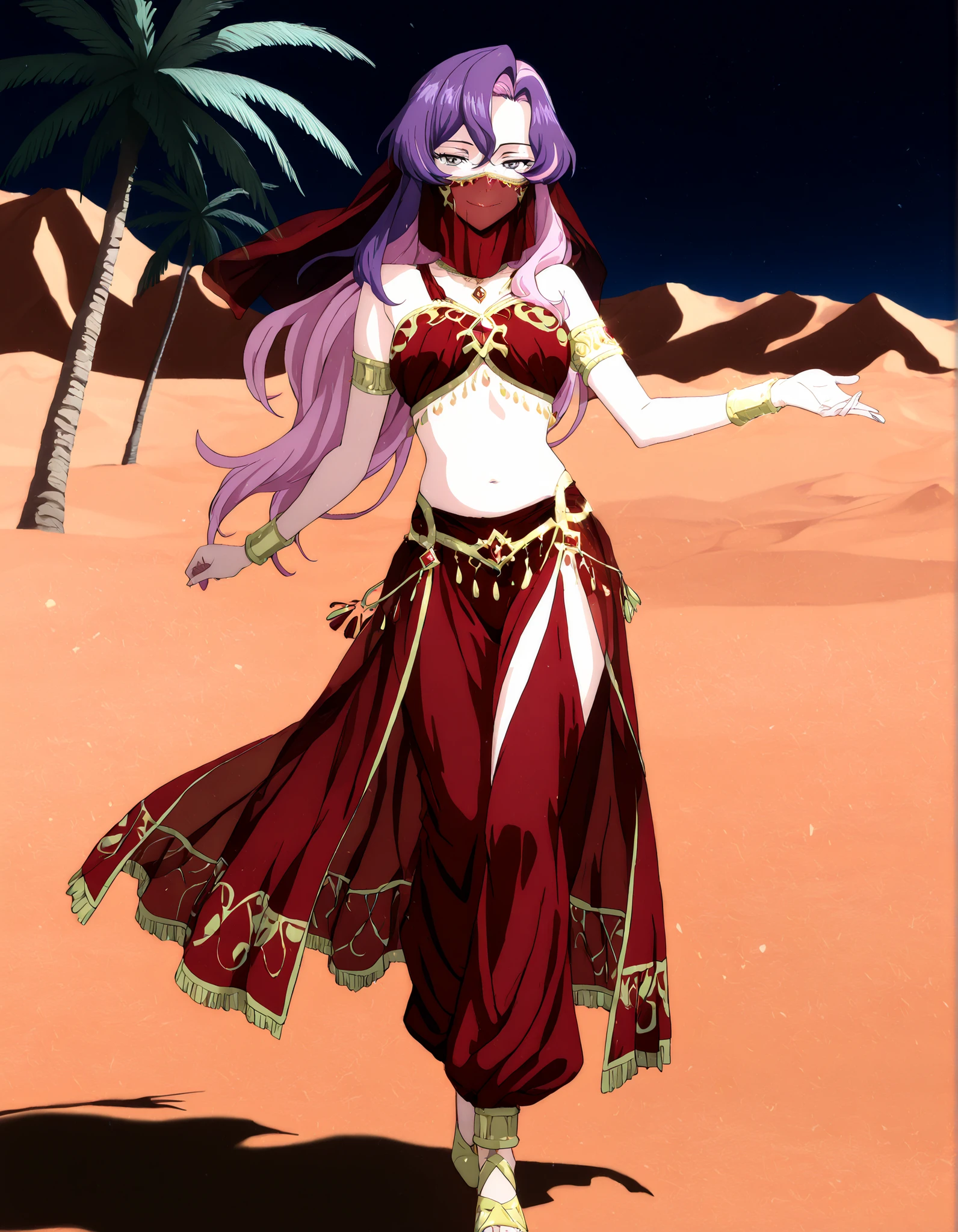 (1girl:1 . 5) , (Seul:1 . 5) , score_9 , score_8_haut , score_7_haut , source_anime , Official work  , ultra-detailed , masterpiece , better quality , high resolution , beaux yeux , detailed eyes , Detailed face , beautiful detailed eyes,long hair, purple hair, pink hair, multicolored hair, grey eyes,Cardfight Vanguard Divinez,Nao Inabe,Arabian Clothes , Arabian Dancer Outfit ,belly dancer costume,belly dancer outfit ,full body,golden jewelery,mouth veil,armlet, belly dancing,night,desert lands,palm tree,seductive smile, dancing with veil, dynamic movement,dance posture, seductive pose