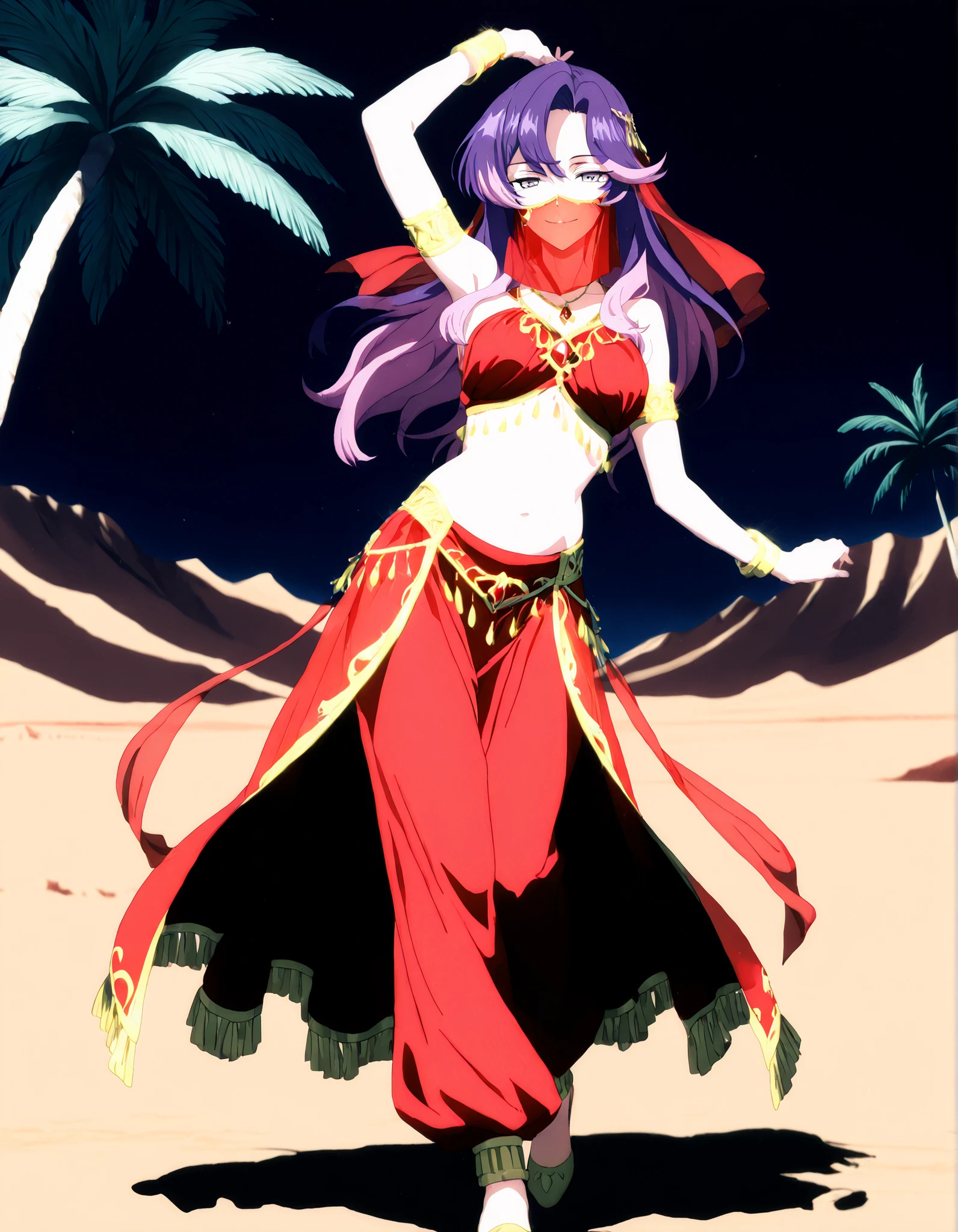 (1girl:1 . 5) , (Seul:1 . 5) , score_9 , score_8_haut , score_7_haut , source_anime , Official work  , ultra-detailed , masterpiece , better quality , high resolution , beaux yeux , detailed eyes , Detailed face , beautiful detailed eyes,long hair, purple hair, pink hair, multicolored hair, grey eyes,Cardfight Vanguard Divinez,Nao Inabe,Arabian Clothes , Arabian Dancer Outfit ,belly dancer costume,belly dancer outfit ,full body,golden jewelery,mouth veil,armlet, belly dancing,night,desert lands,palm tree,seductive smile, dancing with veil, dynamic movement,dance posture, seductive pose