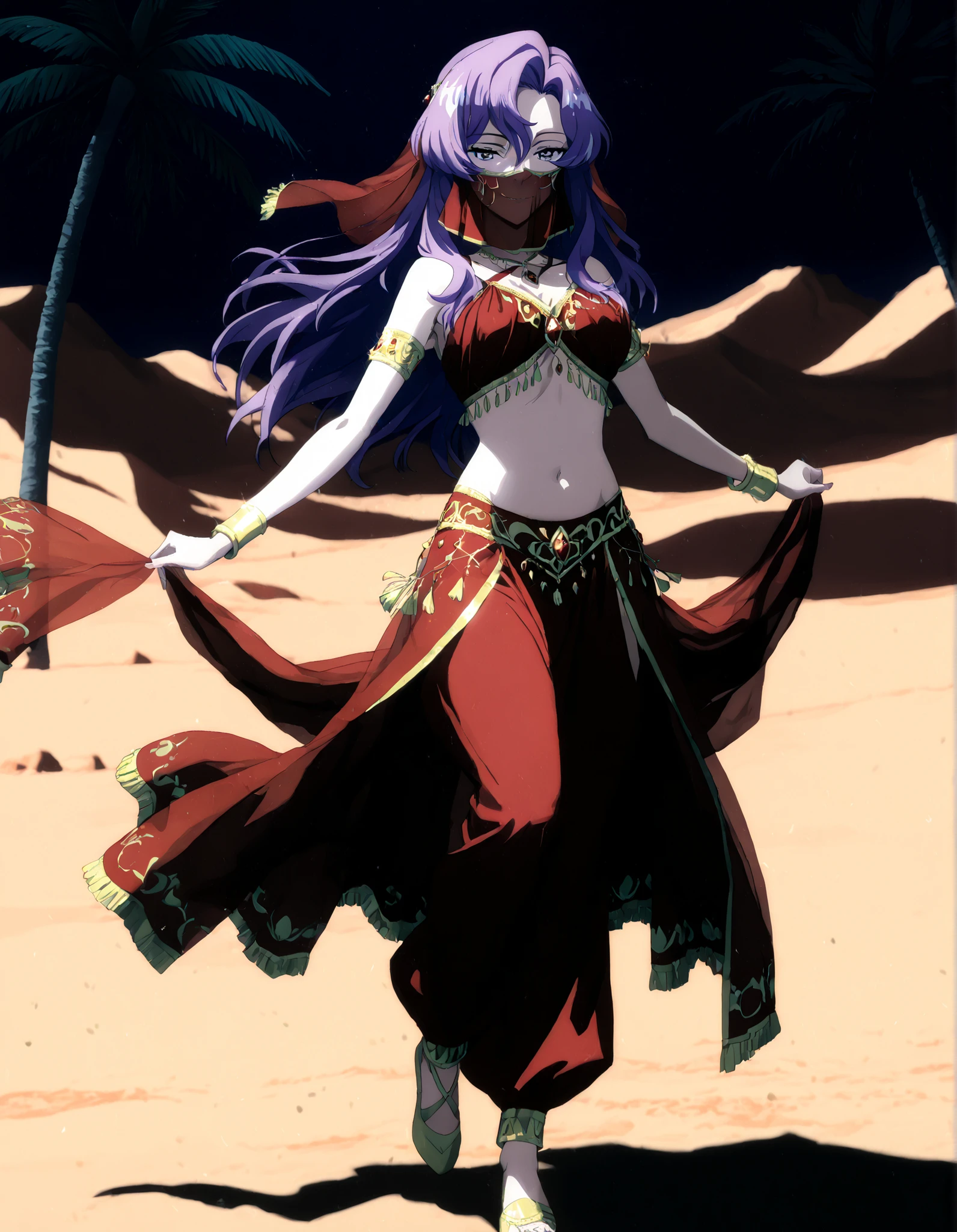(1girl:1 . 5) , (Seul:1 . 5) , score_9 , score_8_haut , score_7_haut , source_anime , Official work  , ultra-detailed , masterpiece , better quality , high resolution , beaux yeux , detailed eyes , Detailed face , beautiful detailed eyes,long hair, purple hair, pink hair, multicolored hair, grey eyes,Cardfight Vanguard Divinez,Nao Inabe,Arabian Clothes , Arabian Dancer Outfit ,belly dancer costume,belly dancer outfit ,full body,golden jewelery,mouth veil,armlet, belly dancing,night,desert lands,palm tree,seductive smile, dancing with veil, dynamic movement,dance posture, seductive pose