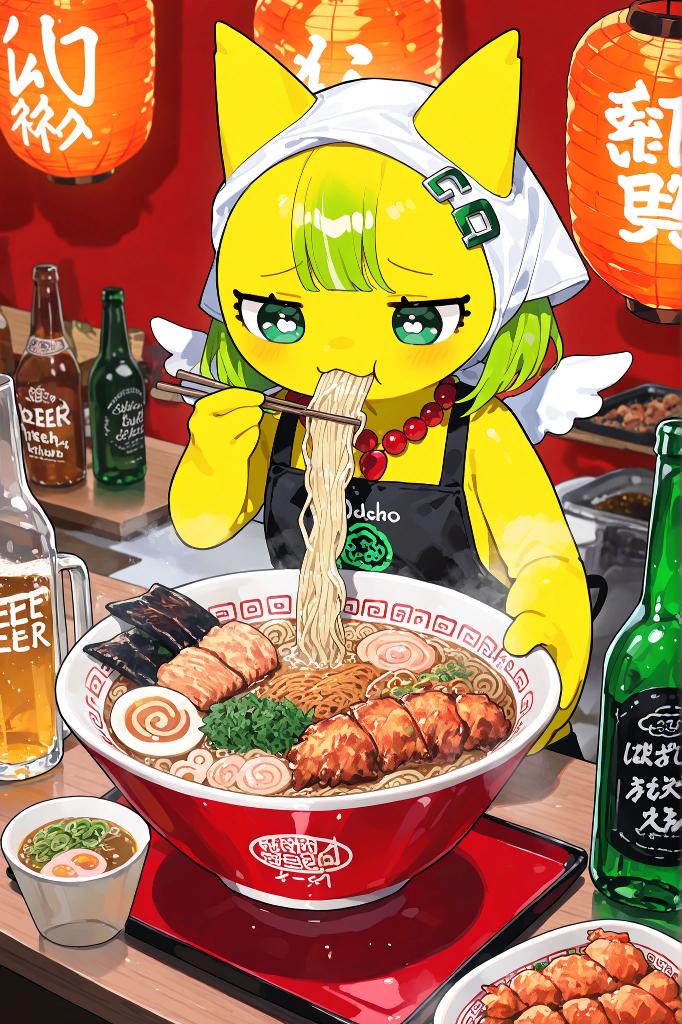 (xxx667_illu,DSP, artist:DSP, mogeko,eating ramen,) Ramen faèrie. She is miniature. She has white fae wings. She has yellow skin and two fluffy yellow ears. Her eyes are blue. She has hair clips. She is dressed in kawaii yellow kimono with food print, and black apron. She wearing a red necklace with beads. She wearing a white headscarf with red asian ornament. She holds the food using chopsticks. (On the background: In the background, the authentic interior of a Japanese street restaurant selling ramen and other street food, decorated with red paper lanterns. In the foreground there is a wooden bar table set with various snacks on plates, large bowl of steaming mushroom u ramen soup sprinkled with green onions, close-up noodles,next to them are plates with sushi,grilled squid, deep-fried shrimp. There is a beer mug next to the side,bottle of soda, and a bottle of beer)