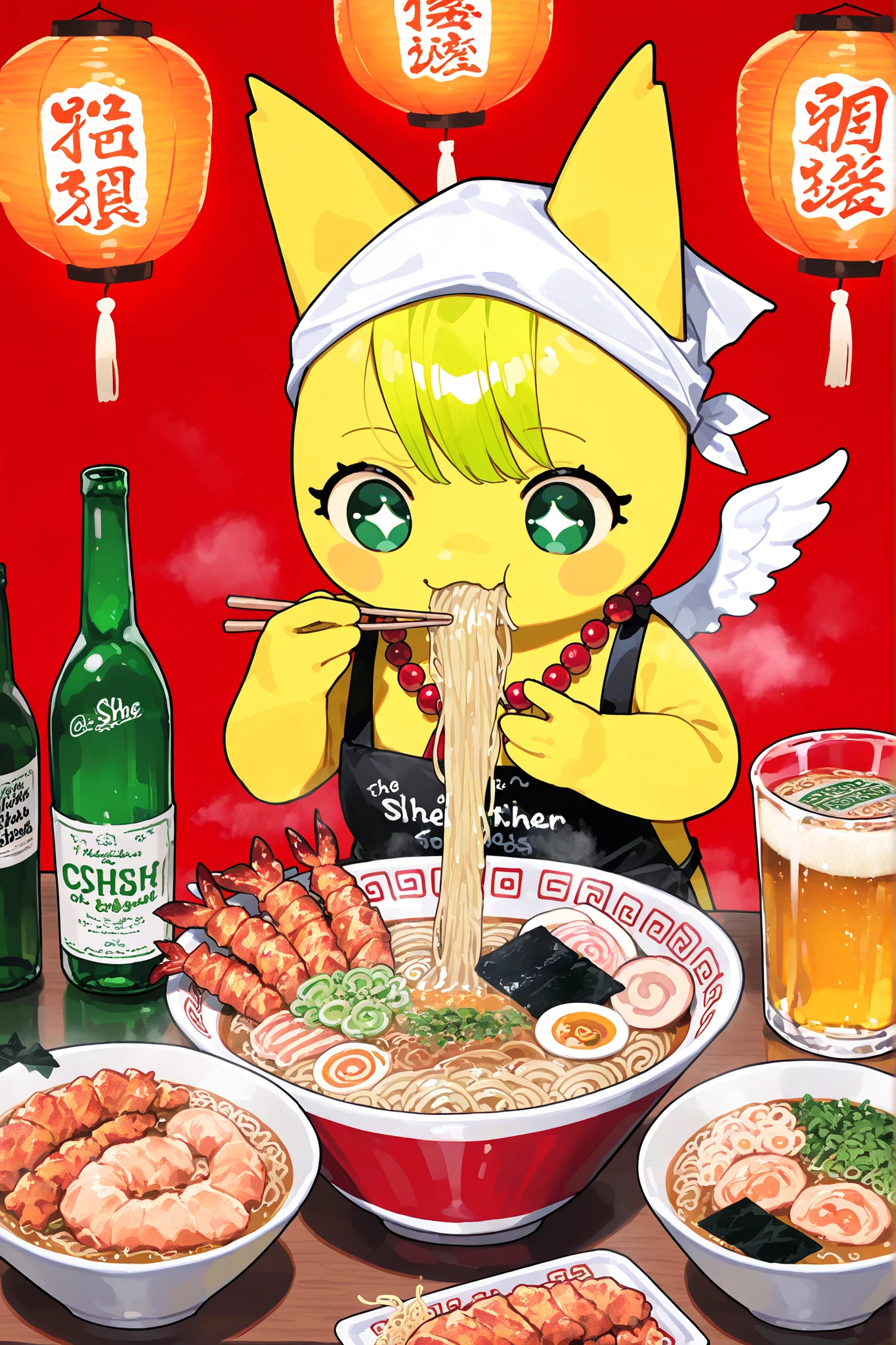 (xxx667_illu,DSP, artist:DSP, mogeko,eating ramen,) Ramen faèrie. She is miniature. She has white fae wings. She has yellow skin and two fluffy yellow ears. Her eyes are blue. She has hair clips. She is dressed in kawaii yellow kimono with food print, and black apron. She wearing a red necklace with beads. She wearing a white headscarf with red asian ornament. She holds the food using chopsticks. (On the background: In the background, the authentic interior of a Japanese street restaurant selling ramen and other street food, decorated with red paper lanterns. In the foreground there is a wooden bar table set with various snacks on plates, large bowl of steaming mushroom u ramen soup sprinkled with green onions, close-up noodles,next to them are plates with sushi,grilled squid, deep-fried shrimp. There is a beer mug next to the side,bottle of soda, and a bottle of beer)