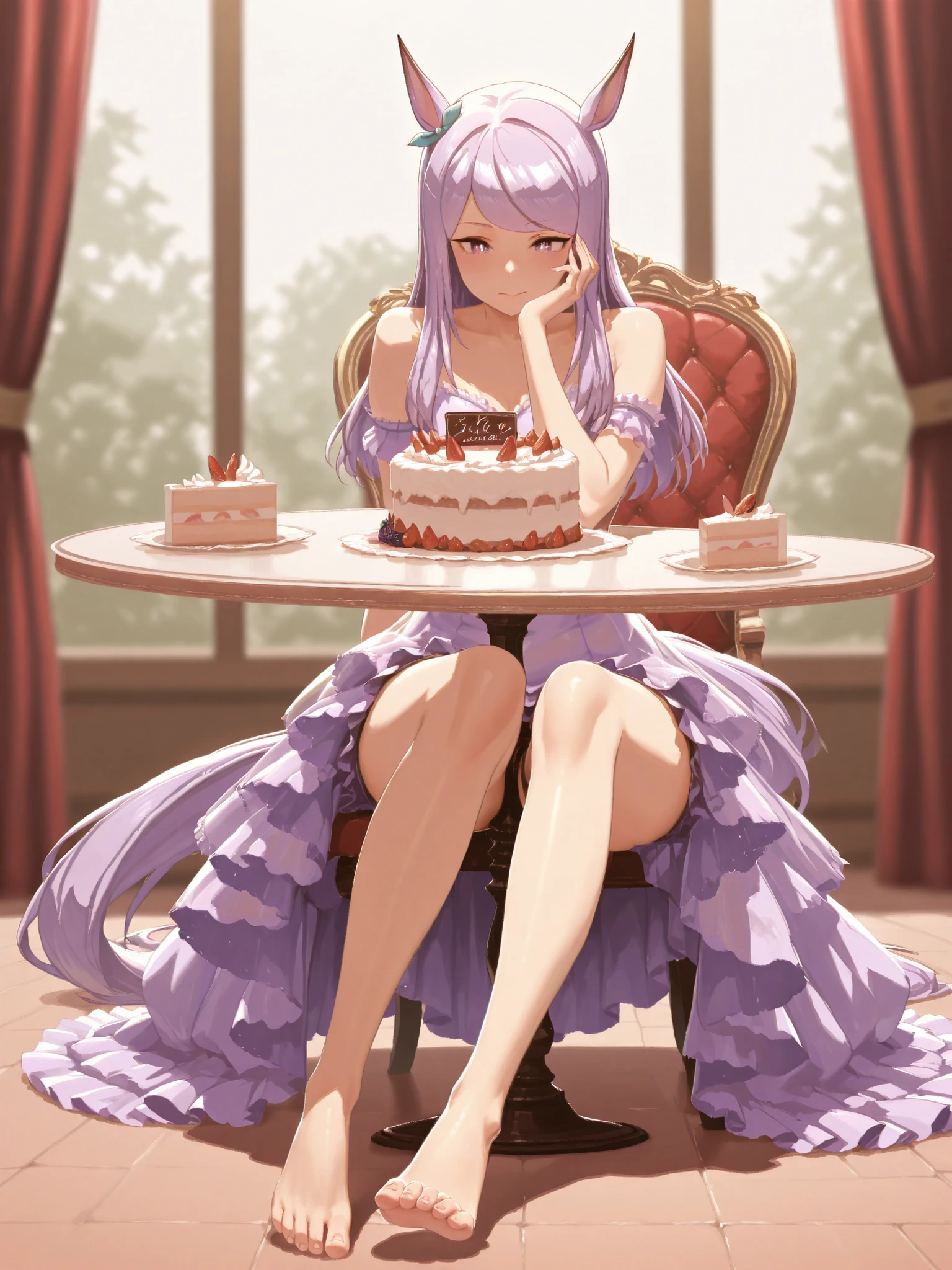 Highest Quality,masterpiece,Uma Musume,White-eye McQueen,horse ear,Horse tail,chairs,table,sitting,cake,on my feet,Oh, so cute,soft touch,Delicate Body Curves,Realistic Human Body,