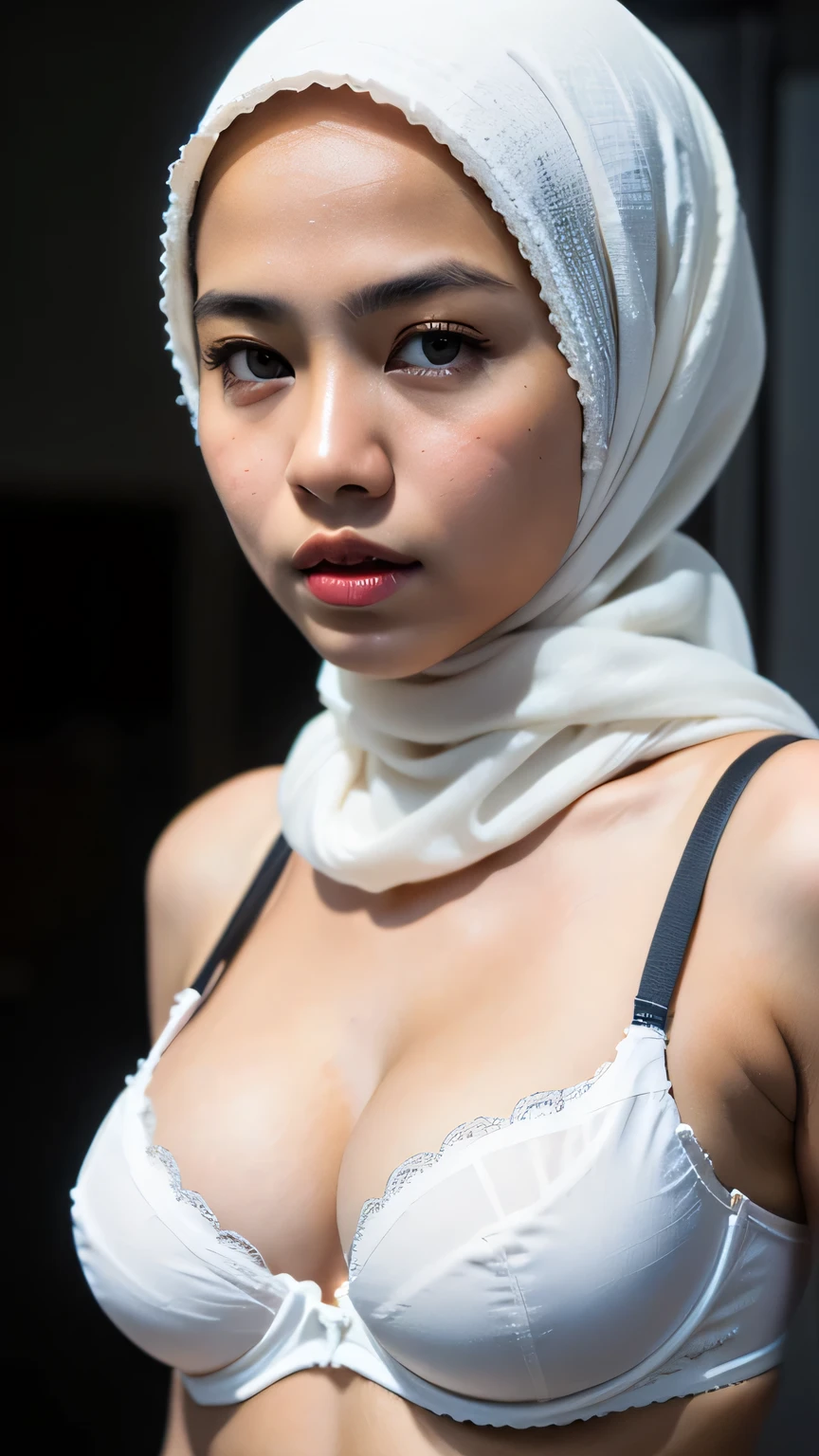 (Masterpiece, RAW Photo, High-Quality, Photorealistic:1.5), in frame waist-up shot of (Malay girl in hijab:1.4), wearing (white bra:1.4), subtle make up, delicate facial features, detailed smooth skin textures, lustrous black eyes, delicates cherry lips, medium breast, alluring expression, looking at viewer, simple background, studio lighting, high contrast, soft shadows, key light, cinematic depth of field, (8K:1.5), UHD, (realistic:1.5)