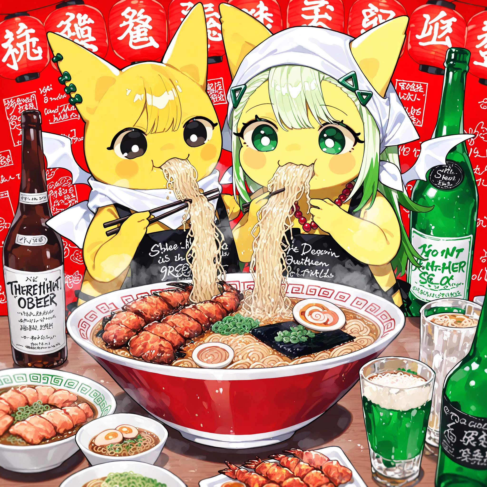 (xxx667_illu,DSP, artist:DSP, mogeko,eating ramen,) Ramen faèrie. She is miniature. She has white fae wings. She has yellow skin and two fluffy yellow ears. Her eyes are blue. She has hair clips. She is dressed in kawaii yellow kimono with food print, and black apron. She wearing  a red necklace with beads. She wearing a white headscarf with red asian ornament.   She holds the food using chopsticks. (On the background: In the background, the authentic interior of a Japanese street restaurant selling ramen and other street food, decorated with red paper lanterns. In the foreground there is a wooden bar table set with various snacks on plates, large bowl of steaming mushroom u ramen soup sprinkled with green onions, close-up noodles,next to them are plates with sushi,grilled squid, deep-fried shrimp. There is a beer mug next to the side,bottle of soda, and a bottle of beer)