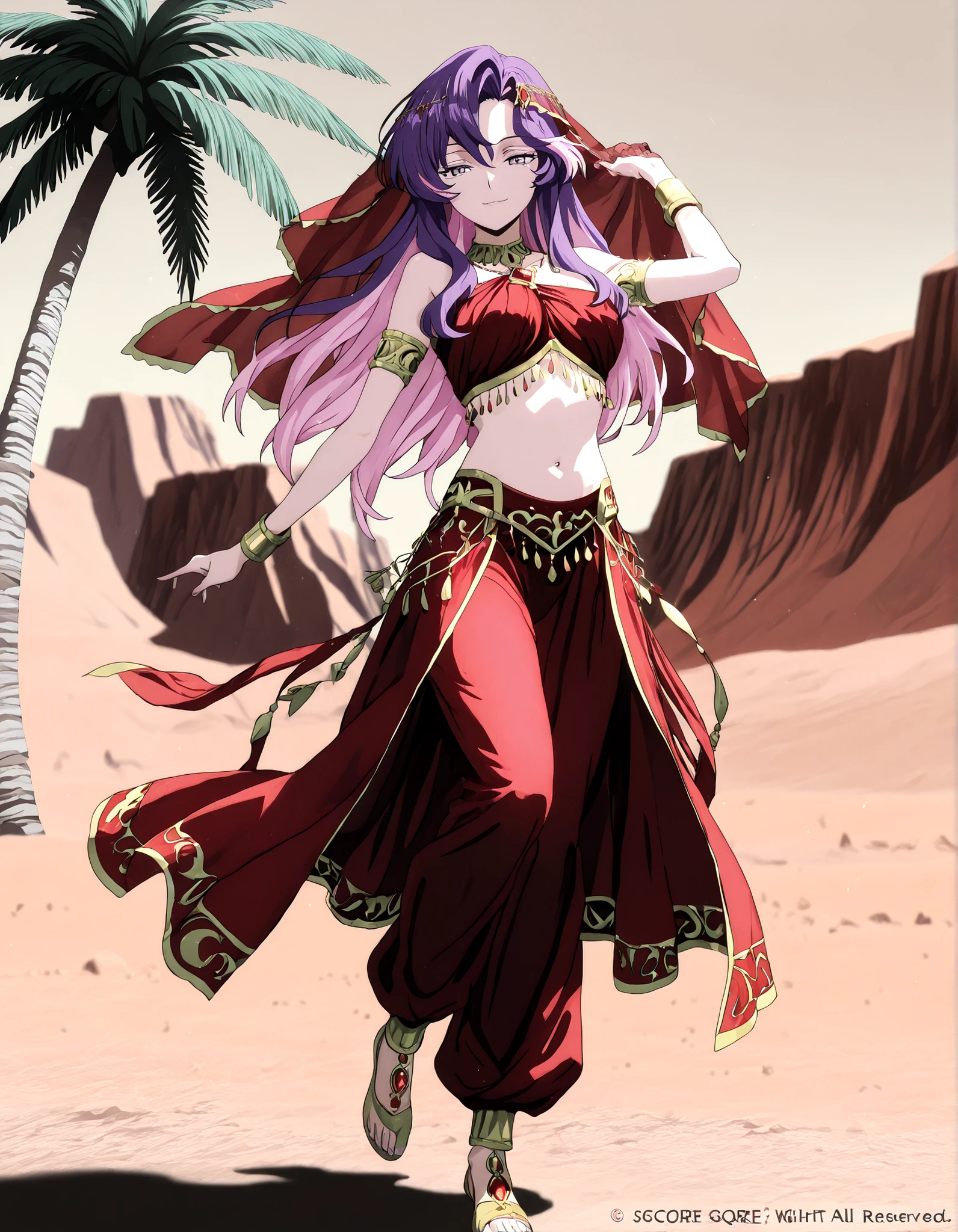 (1girl:1 . 5) , (Seul:1 . 5) , score_9 , score_8_haut , score_7_haut , source_anime , Official work  , ultra-detailed , masterpiece , better quality , high resolution , beaux yeux , detailed eyes , Detailed face , beautiful detailed eyes,long hair, purple hair, pink hair, multicolored hair, grey eyes,Cardfight Vanguard Divinez,Nao Inabe,Arabian Clothes , Arabian Dancer Outfit ,belly dancer costume,belly dancer outfit ,full body,golden jewelery,armlet, belly dancing,desert lands,palm tree,seductive smile, dancing with veil, dynamic movement,dance posture, seductive pose