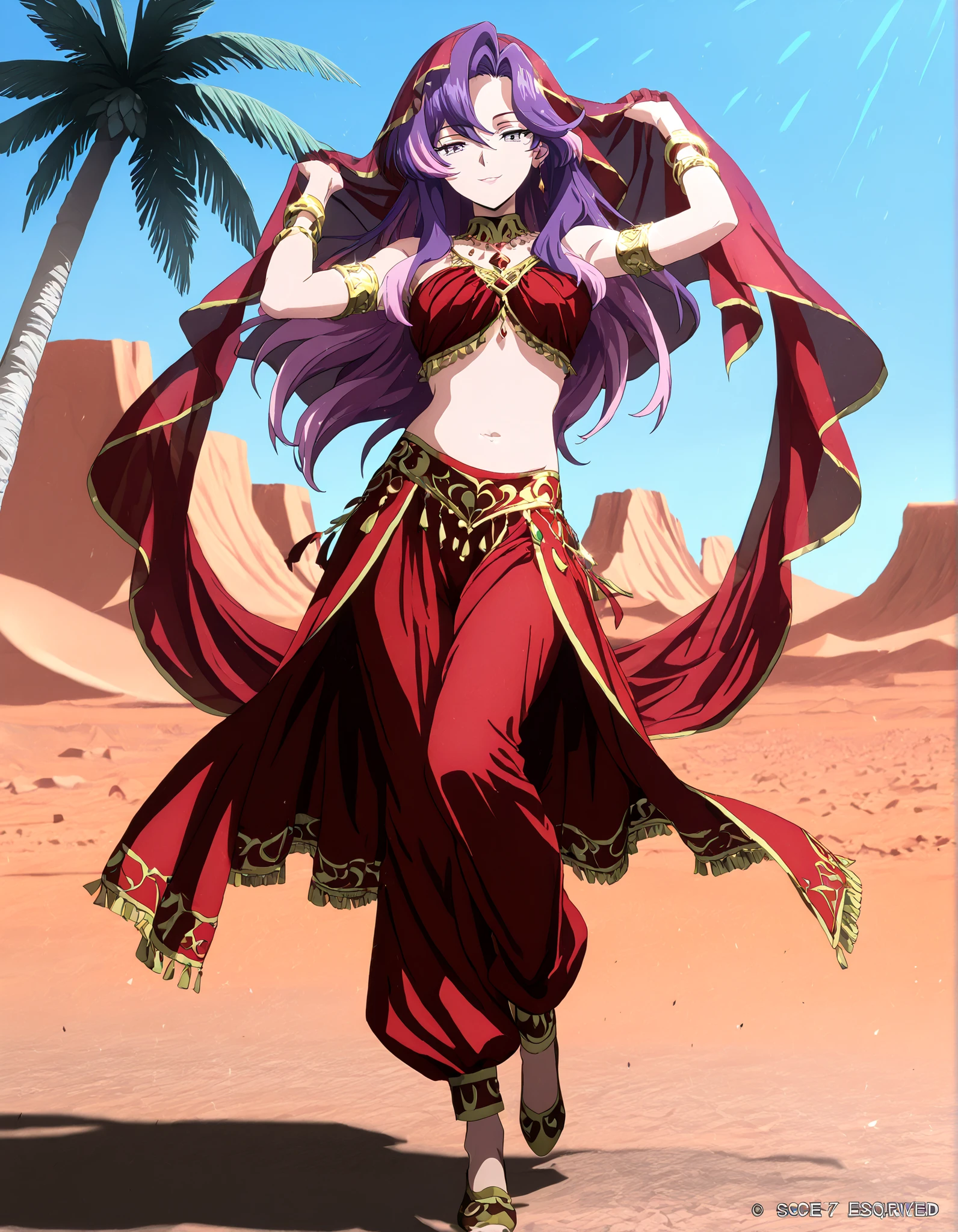 (1girl:1 . 5) , (Seul:1 . 5) , score_9 , score_8_haut , score_7_haut , source_anime , Official work  , ultra-detailed , masterpiece , better quality , high resolution , beaux yeux , detailed eyes , Detailed face , beautiful detailed eyes,long hair, purple hair, pink hair, multicolored hair, grey eyes,Cardfight Vanguard Divinez,Nao Inabe,Arabian Clothes , Arabian Dancer Outfit ,belly dancer costume,belly dancer outfit ,full body,golden jewelery,armlet, belly dancing,desert lands,palm tree,seductive smile, dancing with veil, dynamic movement,dance posture, seductive pose