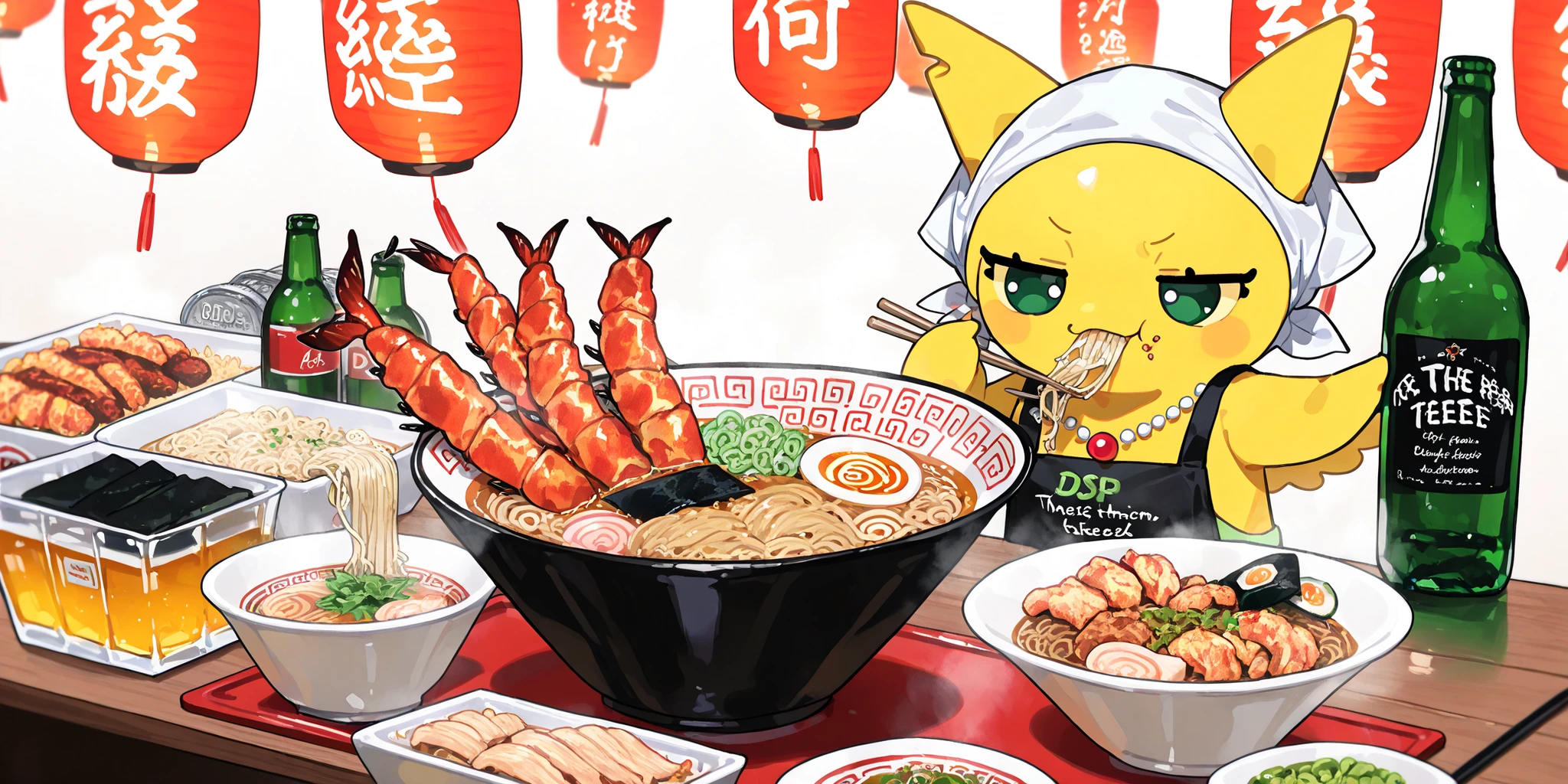 (xxx667_illu,DSP, artist:DSP, mogeko,eating ramen,) Ramen faèrie. She is miniature. She has white fae wings. She has yellow skin and two fluffy yellow ears. Her eyes are blue. She has hair clips. She is dressed in kawaii yellow kimono with food print, and black apron. She wearing a red necklace with beads. She wearing a white headscarf with red asian ornament. She holds the food using chopsticks. (On the background: In the background, the authentic interior of a Japanese street restaurant selling ramen and other street food, decorated with red paper lanterns. In the foreground there is a wooden bar table set with various snacks on plates, large bowl of steaming mushroom u ramen soup sprinkled with green onions, close-up noodles,next to them are plates with sushi,grilled squid, deep-fried shrimp. There is a beer mug next to the side,bottle of soda, and a bottle of beer)