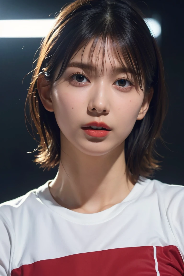 xxmixgirl, Analog Style, Eye focus, Highest quality, (Very detailed skin), Exquisitely beautiful white skin photos, 21 years old, Upper Body、Perfect Face, Captivating eyes, ( makeup: 1.3), Skin pores, (Bokeh:1.5), Sharp focus, Dappled Lighting, (Backlight), Film Grain, (Very detailed, Exquisitely crafted), 8K, High resolution, Front view, Studio Light, Very detailed顔, fine grain, (double eyelid: 1.4), Aristotle, Brown eyes, (commercial: 1.6), Short hair swaying in the wind, Beautiful brown hair,Medium Hair、bangs ( makeup), ((White studio background: 2))