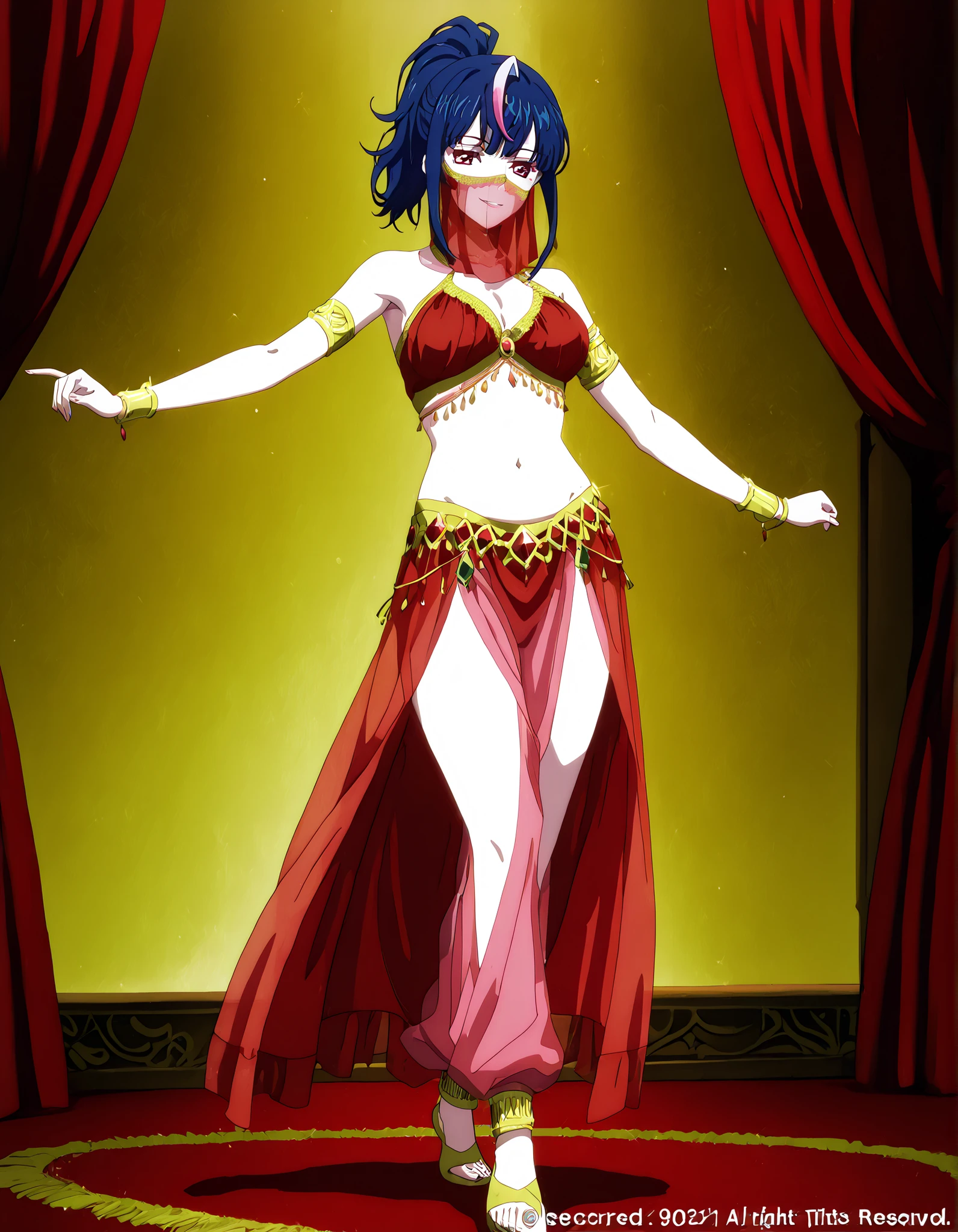 (1girl:1 . 5) , (Seul:1 . 5) , score_9 , score_8_haut , score_7_haut , source_anime , Official work  , ultra-detailed , masterpiece , better quality , high resolution , beaux yeux , detailed eyes , Detailed face , beautiful detailed eyes,ponytail, multicolored hair, blue hair, streaked hair, pink hair, red eyes,,Cardfight Vanguard Divinez,Hikari Myodo,Arabian Clothes , Arabian Dancer Outfit ,belly dancer costume,belly dancer outfit ,full body,golden jewelery,mouth veil,armlet, belly dancing,arabian theater,seductive smile, dancing with veil, dynamic movement,dance posture,  pose