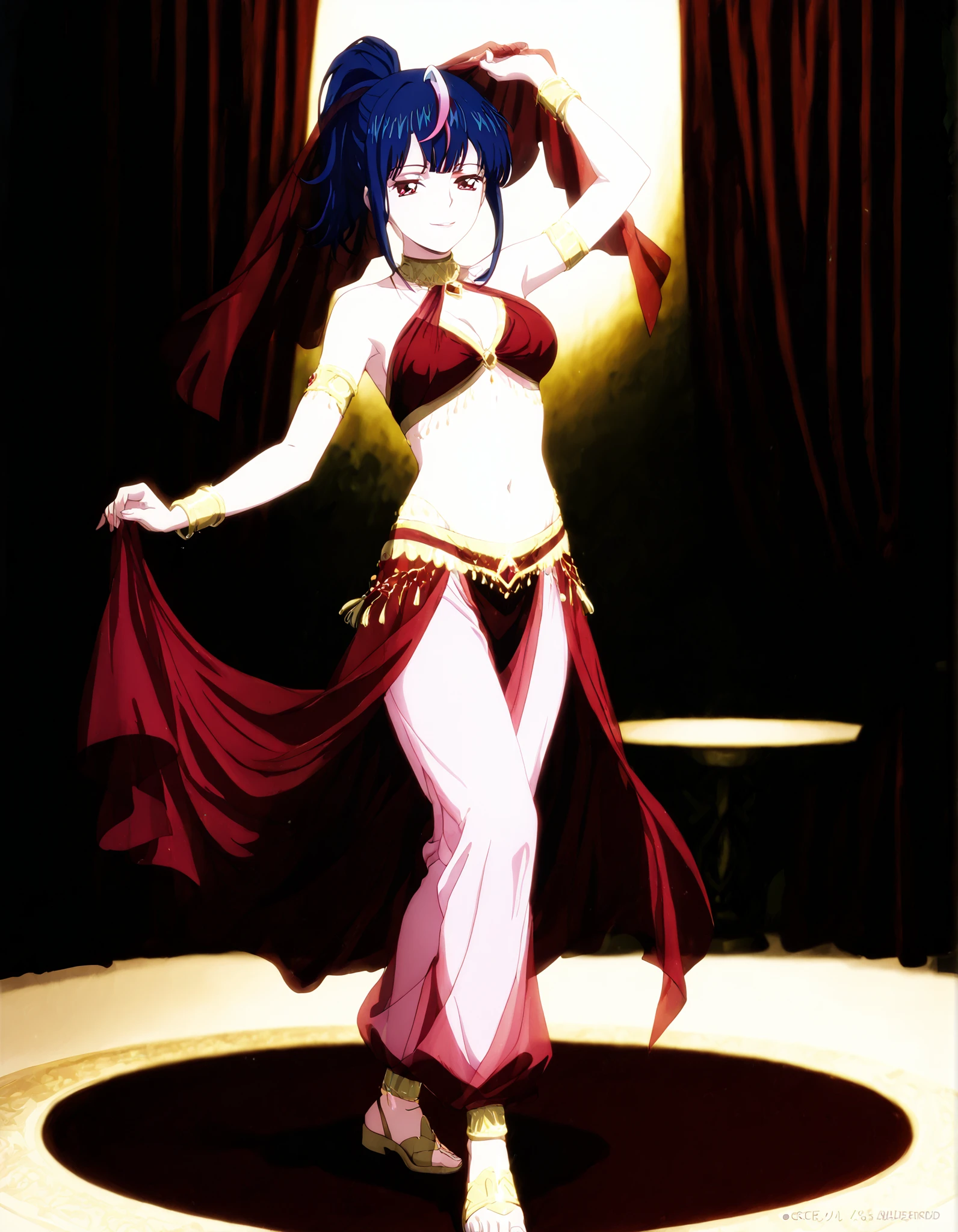 (1girl:1 . 5) , (Seul:1 . 5) , score_9 , score_8_haut , score_7_haut , source_anime , Official work  , ultra-detailed , masterpiece , better quality , high resolution , beaux yeux , detailed eyes , Detailed face , beautiful detailed eyes,ponytail, multicolored hair, blue hair, streaked hair, pink hair, red eyes,Cardfight Vanguard Divinez,Hikari Myodo,Arabian Clothes , Arabian Dancer Outfit ,belly dancer costume,belly dancer outfit ,full body,golden jewelery,armlet, belly dancing,arabian theater,seductive smile, dancing with veil, dynamic movement,dance posture,  pose