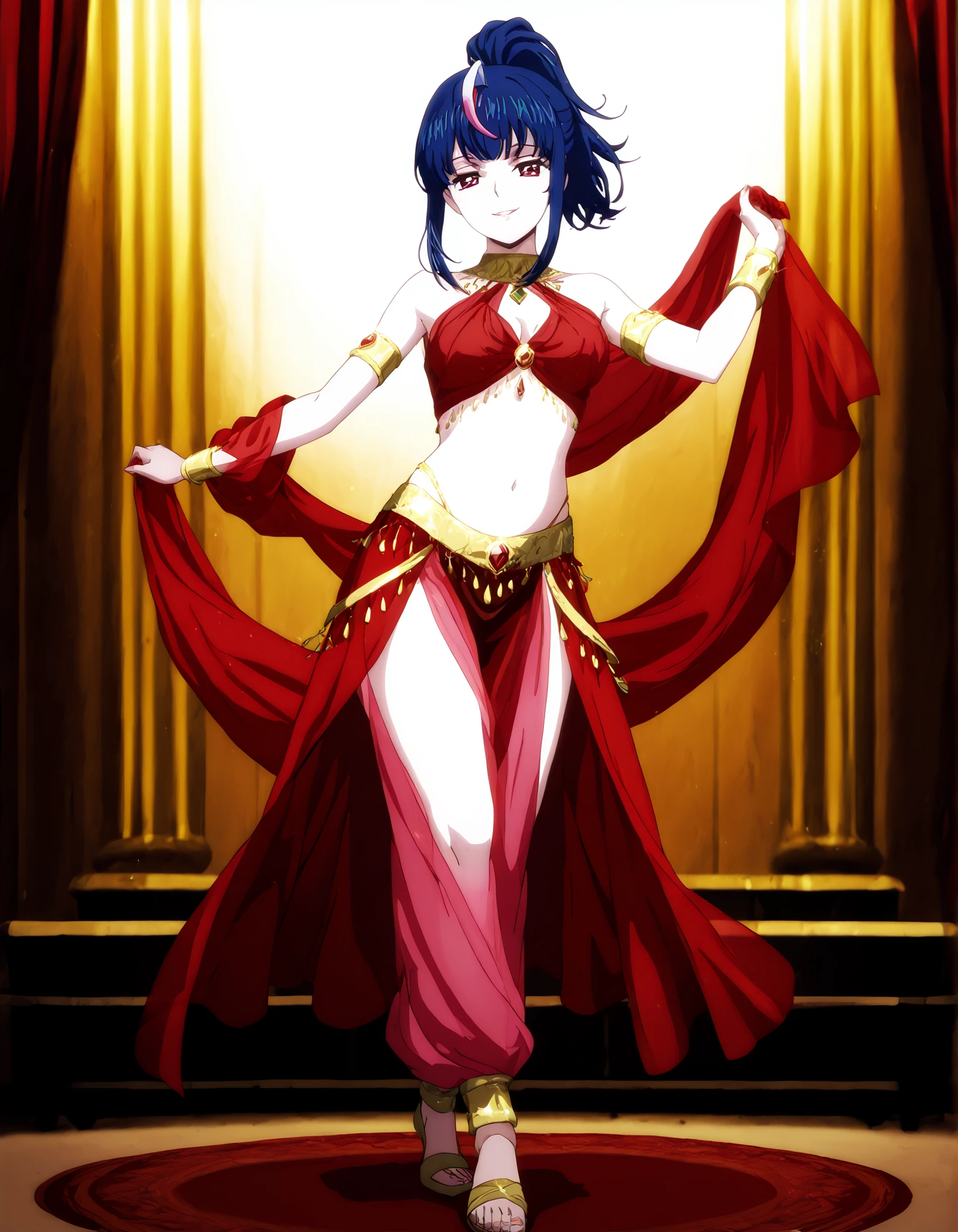 (1girl:1 . 5) , (Seul:1 . 5) , score_9 , score_8_haut , score_7_haut , source_anime , Official work  , ultra-detailed , masterpiece , better quality , high resolution , beaux yeux , detailed eyes , Detailed face , beautiful detailed eyes,ponytail, multicolored hair, blue hair, streaked hair, pink hair, red eyes,Cardfight Vanguard Divinez,Hikari Myodo,Arabian Clothes , Arabian Dancer Outfit ,belly dancer costume,belly dancer outfit ,full body,golden jewelery,armlet, belly dancing,arabian theater,seductive smile, dancing with veil, dynamic movement,dance posture,  pose