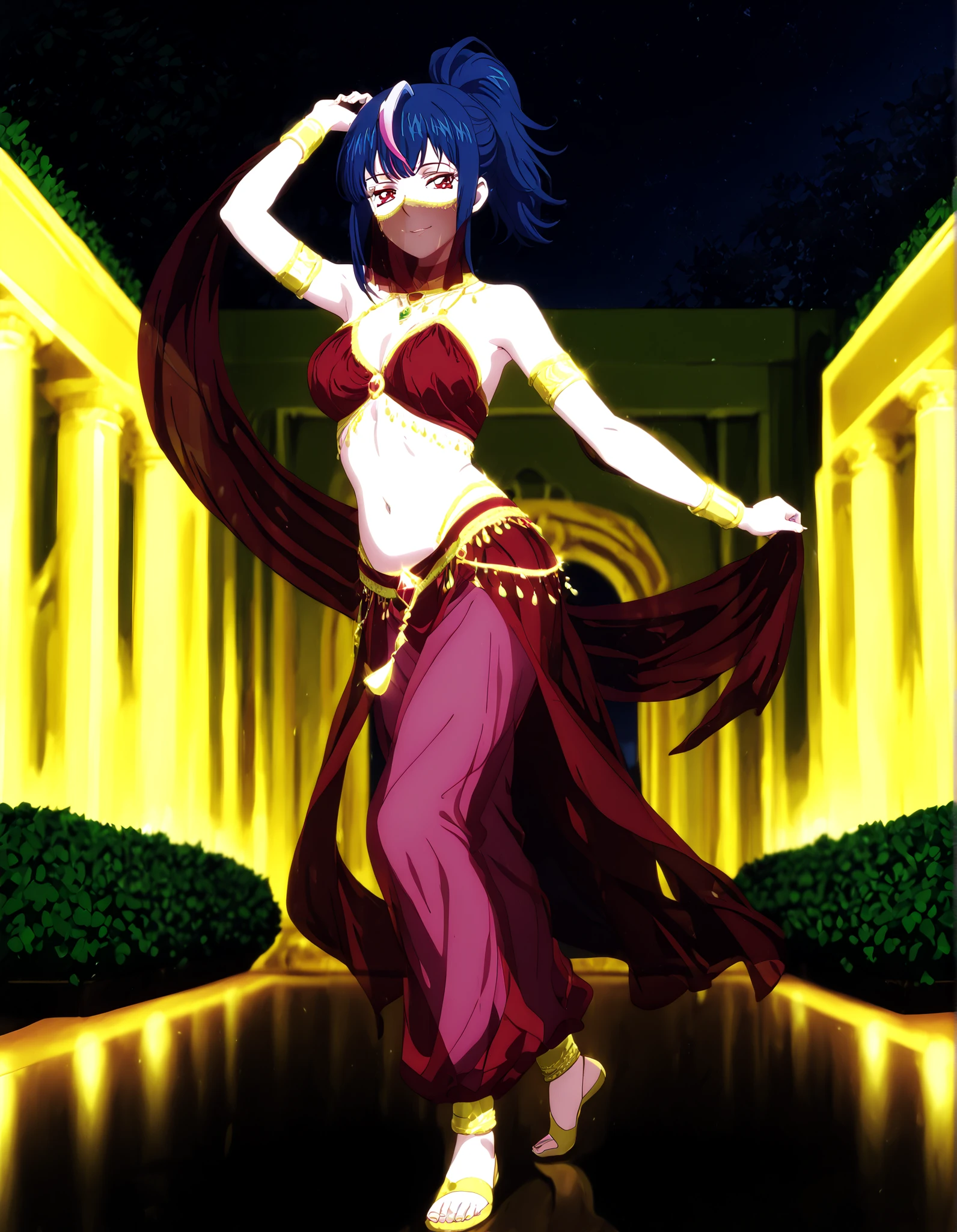 (1girl:1 . 5) , (Seul:1 . 5) , score_9 , score_8_haut , score_7_haut , source_anime , Official work  , ultra-detailed , masterpiece , better quality , high resolution , beaux yeux , detailed eyes , Detailed face , beautiful detailed eyes,ponytail, multicolored hair, blue hair, streaked hair, pink hair, red eyes,,Cardfight Vanguard Divinez,Hikari Myodo,Arabian Clothes , Arabian Dancer Outfit ,belly dancer costume,belly dancer outfit ,full body,golden jewelery,mouth veil,armlet, belly dancing,night,arabian garden,seductive smile, dancing with veil, dynamic movement,dance posture,  pose