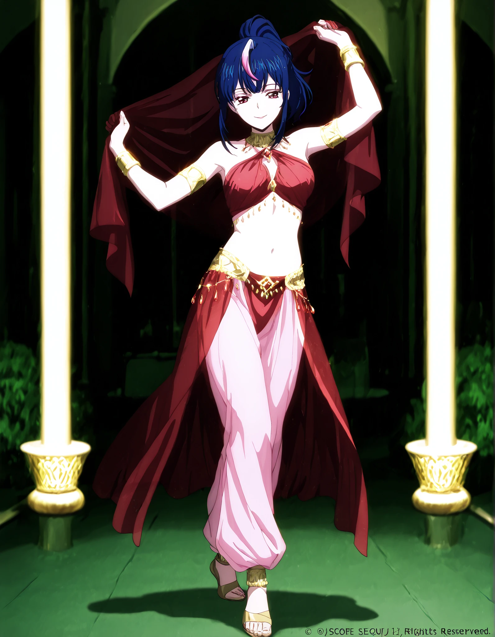 (1girl:1 . 5) , (Seul:1 . 5) , score_9 , score_8_haut , score_7_haut , source_anime , Official work  , ultra-detailed , masterpiece , better quality , high resolution , beaux yeux , detailed eyes , Detailed face , beautiful detailed eyes,ponytail, multicolored hair, blue hair, streaked hair, pink hair, red eyes,Cardfight Vanguard Divinez,Hikari Myodo,Arabian Clothes , Arabian Dancer Outfit ,belly dancer costume,belly dancer outfit ,full body,golden jewelery,armlet, belly dancing,arabian garden,seductive smile, dancing with veil, dynamic movement,dance posture,  pose