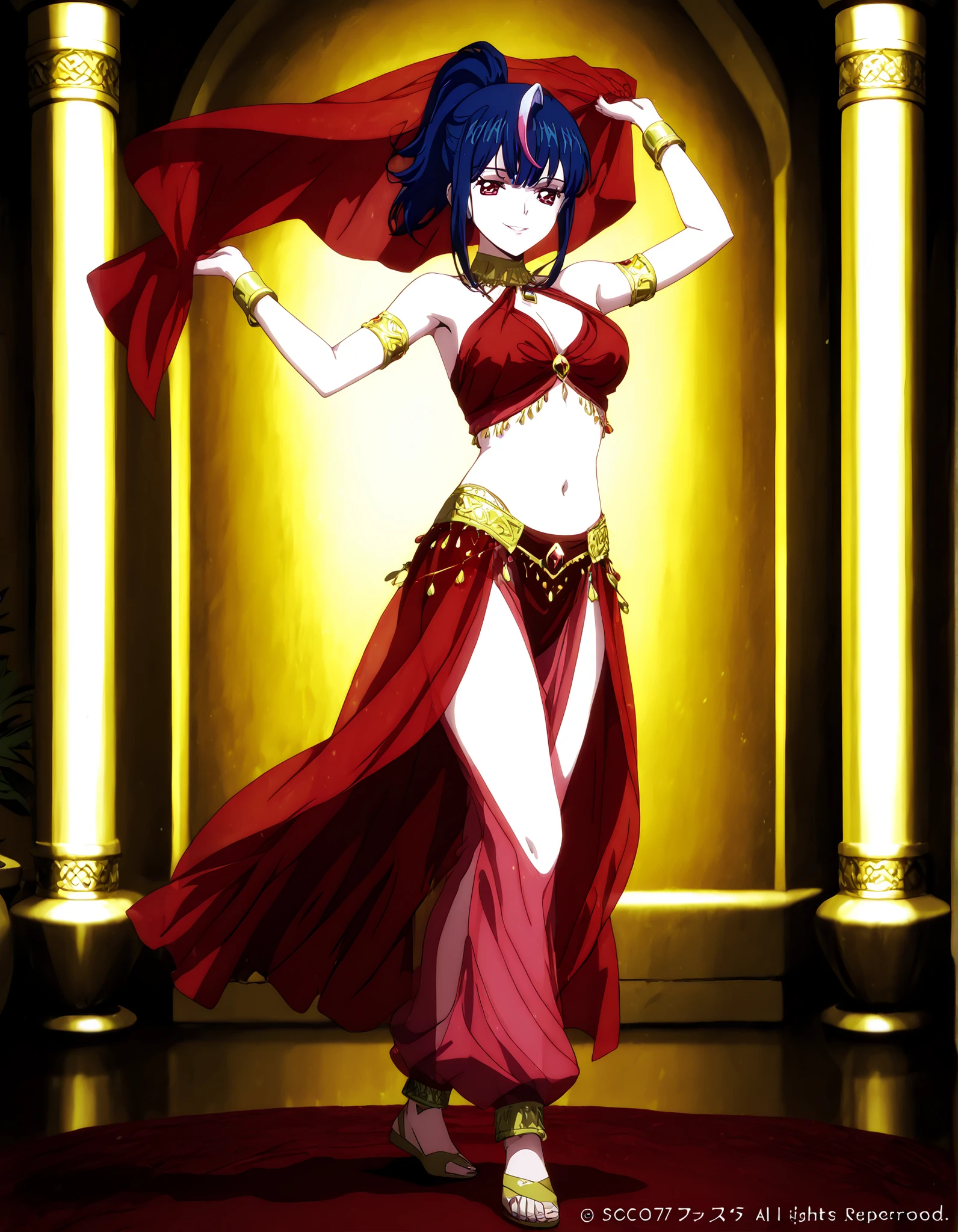 (1girl:1 . 5) , (Seul:1 . 5) , score_9 , score_8_haut , score_7_haut , source_anime , Official work  , ultra-detailed , masterpiece , better quality , high resolution , beaux yeux , detailed eyes , Detailed face , beautiful detailed eyes,ponytail, multicolored hair, blue hair, streaked hair, pink hair, red eyes,Cardfight Vanguard Divinez,Hikari Myodo,Arabian Clothes , Arabian Dancer Outfit ,belly dancer costume,belly dancer outfit ,full body,golden jewelery,armlet, belly dancing,arabian garden,seductive smile, dancing with veil, dynamic movement,dance posture,  pose