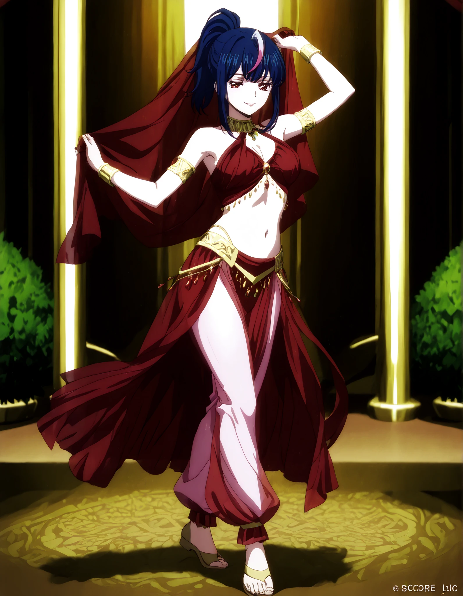 (1girl:1 . 5) , (Seul:1 . 5) , score_9 , score_8_haut , score_7_haut , source_anime , Official work  , ultra-detailed , masterpiece , better quality , high resolution , beaux yeux , detailed eyes , Detailed face , beautiful detailed eyes,ponytail, multicolored hair, blue hair, streaked hair, pink hair, red eyes,Cardfight Vanguard Divinez,Hikari Myodo,Arabian Clothes , Arabian Dancer Outfit ,belly dancer costume,belly dancer outfit ,full body,golden jewelery,armlet, belly dancing,arabian garden,seductive smile, dancing with veil, dynamic movement,dance posture,  pose