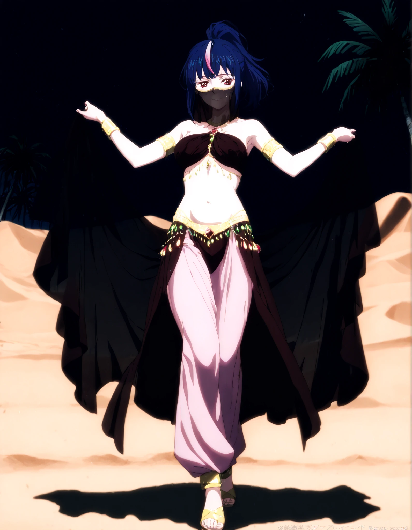 (1girl:1 . 5) , (Seul:1 . 5) , score_9 , score_8_haut , score_7_haut , source_anime , Official work  , ultra-detailed , masterpiece , better quality , high resolution , beaux yeux , detailed eyes , Detailed face , beautiful detailed eyes,ponytail, multicolored hair, blue hair, streaked hair, pink hair, red eyes,Cardfight Vanguard Divinez,Hikari Myodo,Arabian Clothes , Arabian Dancer Outfit ,belly dancer costume,belly dancer outfit ,full body,golden jewelery,mouth veil,armlet, belly dancing,night,desert lands,palm tree,seductive smile, dancing with veil, dynamic movement,dance posture,  pose