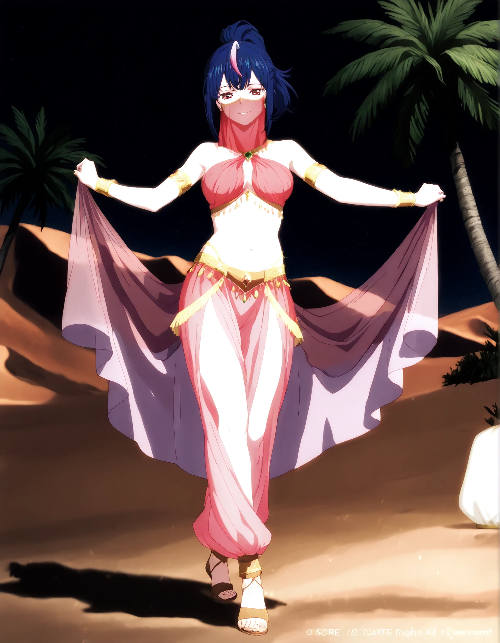 (1girl:1 . 5) , (Seul:1 . 5) , score_9 , score_8_haut , score_7_haut , source_anime , Official work  , ultra-detailed , masterpiece , better quality , high resolution , beaux yeux , detailed eyes , Detailed face , beautiful detailed eyes,ponytail, multicolored hair, blue hair, streaked hair, pink hair, red eyes,Cardfight Vanguard Divinez,Hikari Myodo,Arabian Clothes , Arabian Dancer Outfit ,belly dancer costume,belly dancer outfit ,full body,golden jewelery,mouth veil,armlet, belly dancing,night,desert lands,palm tree,seductive smile, dancing with veil, dynamic movement,dance posture,  pose