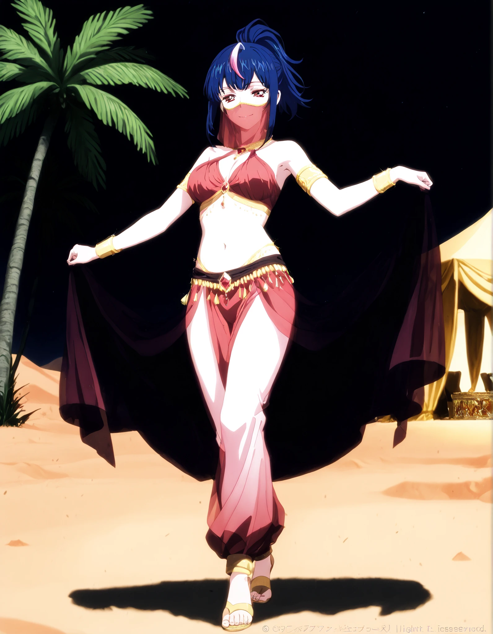 (1girl:1 . 5) , (Seul:1 . 5) , score_9 , score_8_haut , score_7_haut , source_anime , Official work  , ultra-detailed , masterpiece , better quality , high resolution , beaux yeux , detailed eyes , Detailed face , beautiful detailed eyes,ponytail, multicolored hair, blue hair, streaked hair, pink hair, red eyes,Cardfight Vanguard Divinez,Hikari Myodo,Arabian Clothes , Arabian Dancer Outfit ,belly dancer costume,belly dancer outfit ,full body,golden jewelery,mouth veil,armlet, belly dancing,night,desert lands,palm tree,seductive smile, dancing with veil, dynamic movement,dance posture,  pose