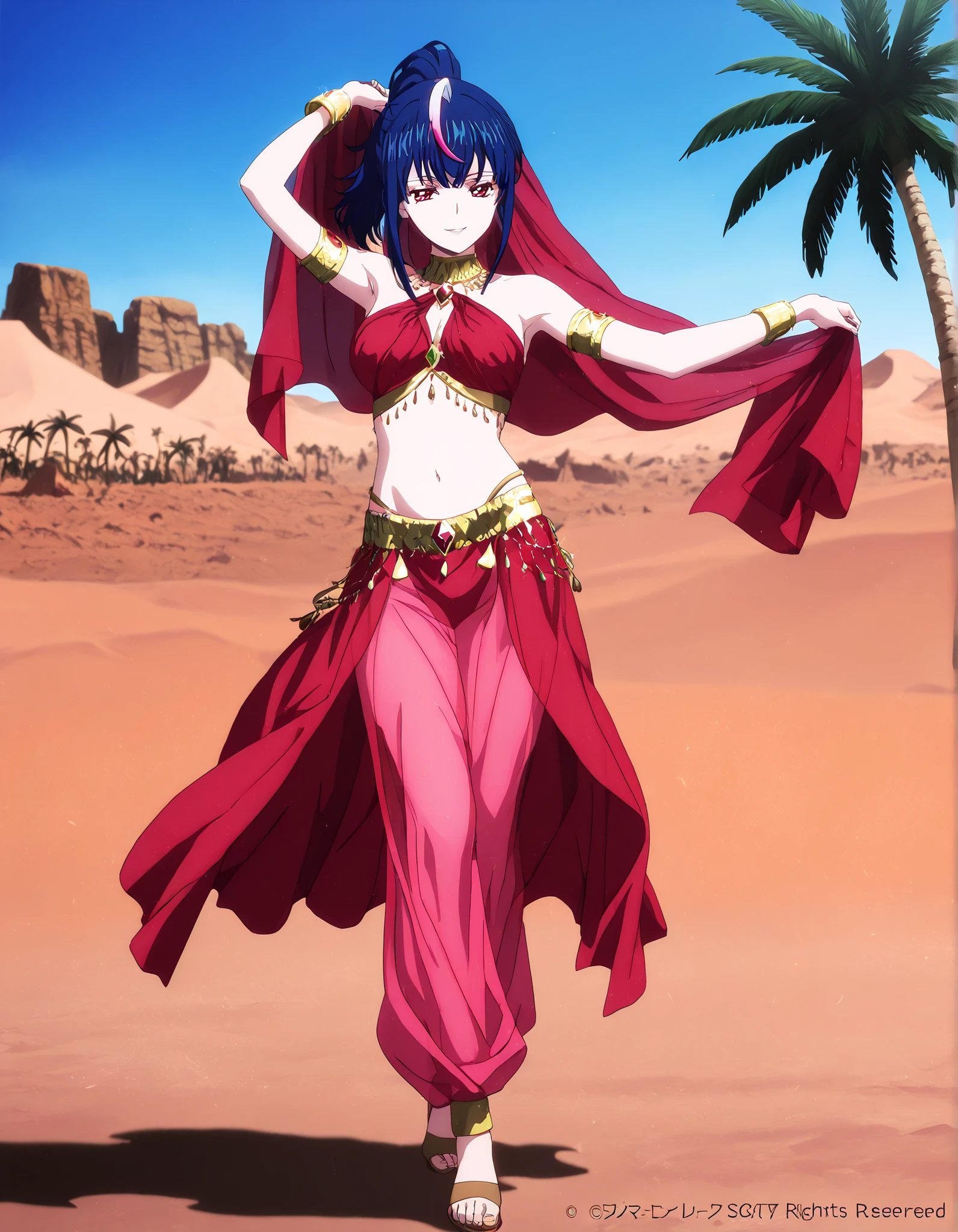 (1girl:1 . 5) , (Seul:1 . 5) , score_9 , score_8_haut , score_7_haut , source_anime , Official work  , ultra-detailed , masterpiece , better quality , high resolution , beaux yeux , detailed eyes , Detailed face , beautiful detailed eyes,ponytail, multicolored hair, blue hair, streaked hair, pink hair, red eyes,Cardfight Vanguard Divinez,Hikari Myodo,Arabian Clothes , Arabian Dancer Outfit ,belly dancer costume,belly dancer outfit ,full body,golden jewelery,armlet, belly dancing,desert lands,palm tree,seductive smile, dancing with veil, dynamic movement,dance posture,  pose
