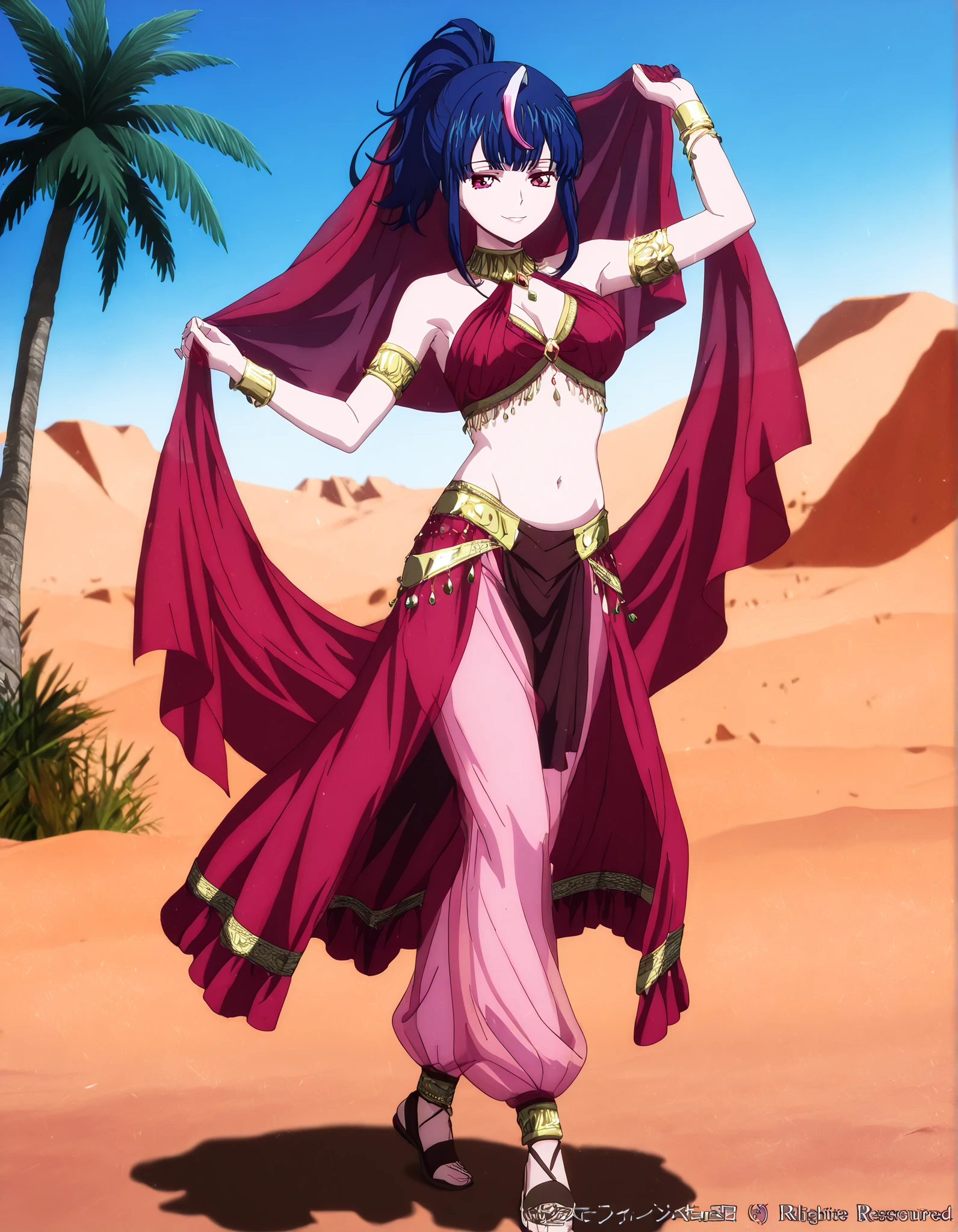 (1girl:1 . 5) , (Seul:1 . 5) , score_9 , score_8_haut , score_7_haut , source_anime , Official work  , ultra-detailed , masterpiece , better quality , high resolution , beaux yeux , detailed eyes , Detailed face , beautiful detailed eyes,ponytail, multicolored hair, blue hair, streaked hair, pink hair, red eyes,Cardfight Vanguard Divinez,Hikari Myodo,Arabian Clothes , Arabian Dancer Outfit ,belly dancer costume,belly dancer outfit ,full body,golden jewelery,armlet, belly dancing,desert lands,palm tree,seductive smile, dancing with veil, dynamic movement,dance posture,  pose