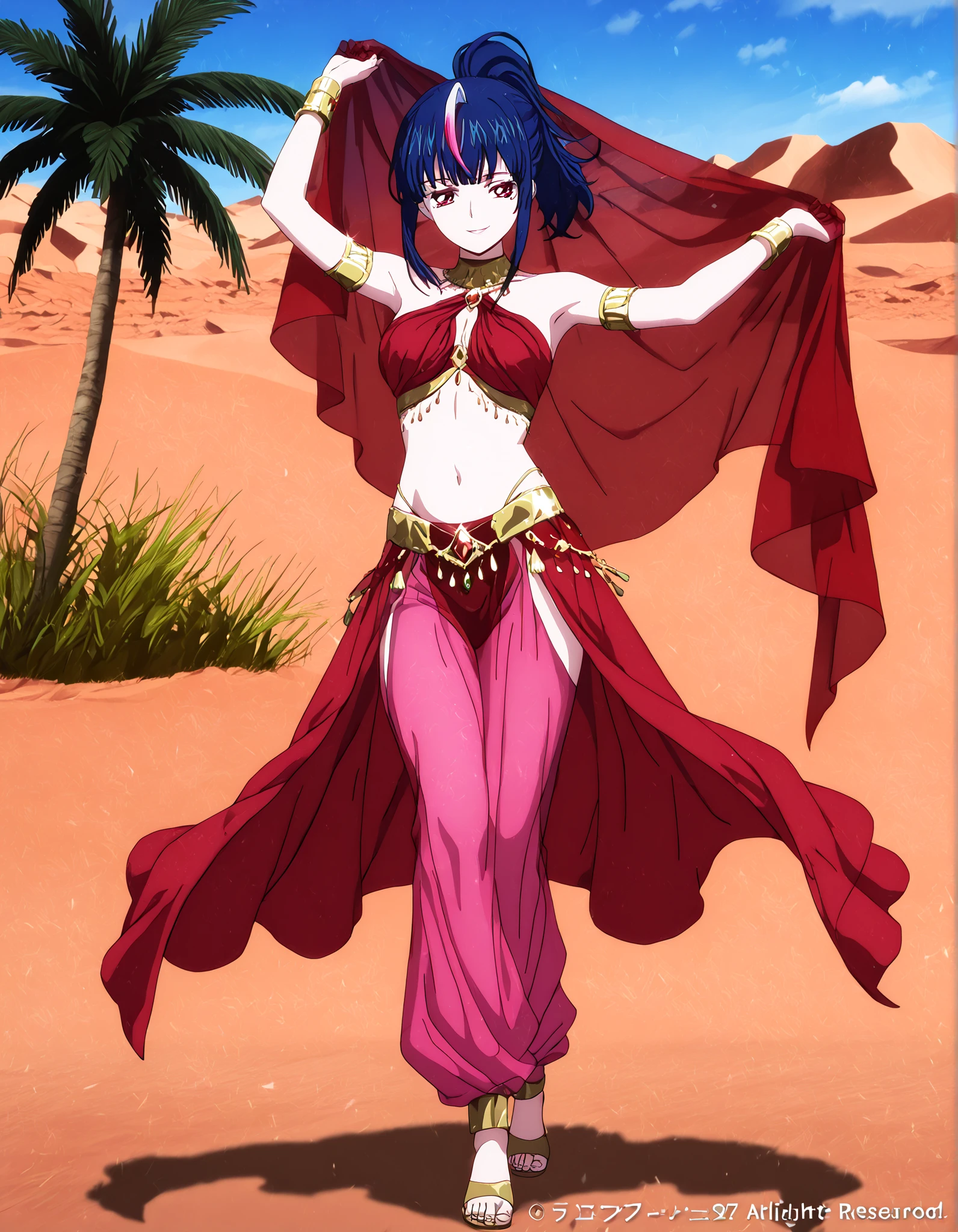 (1girl:1 . 5) , (Seul:1 . 5) , score_9 , score_8_haut , score_7_haut , source_anime , Official work  , ultra-detailed , masterpiece , better quality , high resolution , beaux yeux , detailed eyes , Detailed face , beautiful detailed eyes,ponytail, multicolored hair, blue hair, streaked hair, pink hair, red eyes,Cardfight Vanguard Divinez,Hikari Myodo,Arabian Clothes , Arabian Dancer Outfit ,belly dancer costume,belly dancer outfit ,full body,golden jewelery,armlet, belly dancing,desert lands,palm tree,seductive smile, dancing with veil, dynamic movement,dance posture,  pose