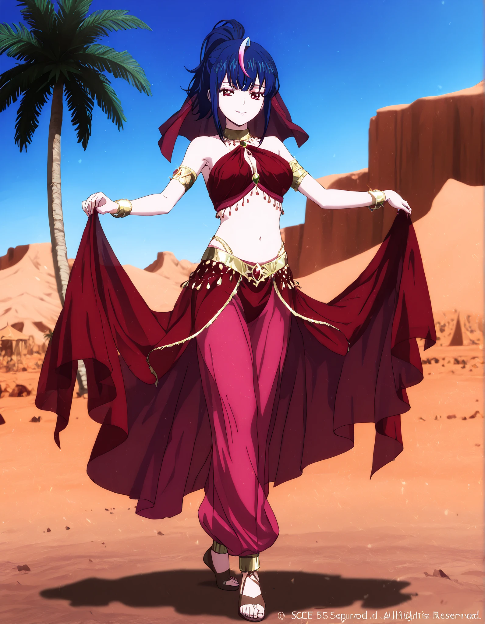 (1girl:1 . 5) , (Seul:1 . 5) , score_9 , score_8_haut , score_7_haut , source_anime , Official work  , ultra-detailed , masterpiece , better quality , high resolution , beaux yeux , detailed eyes , Detailed face , beautiful detailed eyes,ponytail, multicolored hair, blue hair, streaked hair, pink hair, red eyes,Cardfight Vanguard Divinez,Hikari Myodo,Arabian Clothes , Arabian Dancer Outfit ,belly dancer costume,belly dancer outfit ,full body,golden jewelery,armlet, belly dancing,desert lands,palm tree,seductive smile, dancing with veil, dynamic movement,dance posture,  pose
