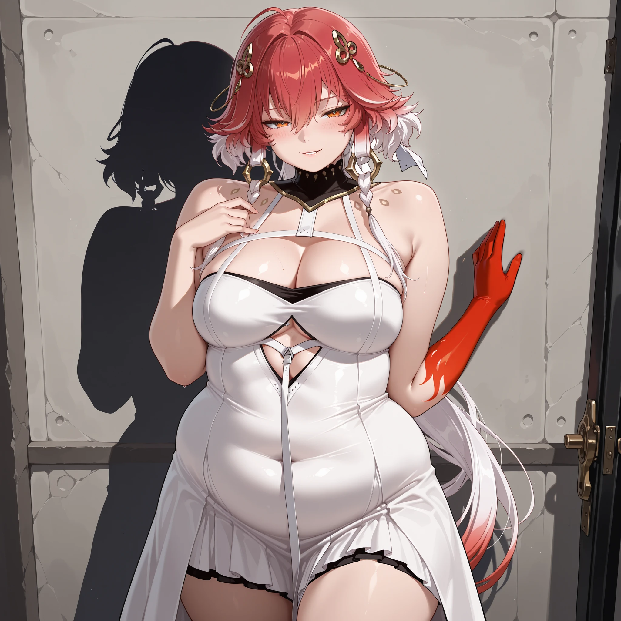fat,plump,WeightChubby,changli(wuwa), dress, cleavage, orange eyes, bare shoulders, white dress, medium breasts, blush, red hair, streaked hair, white hair, single red glove,  cowboy shot, seductive smile, parted lip, dark alleyway background, midnight,  (masterpiece),(best quality),(ultra-detailed),(best illustration),(best shadow),(absurdres),(detailed background),(very aesthetic),