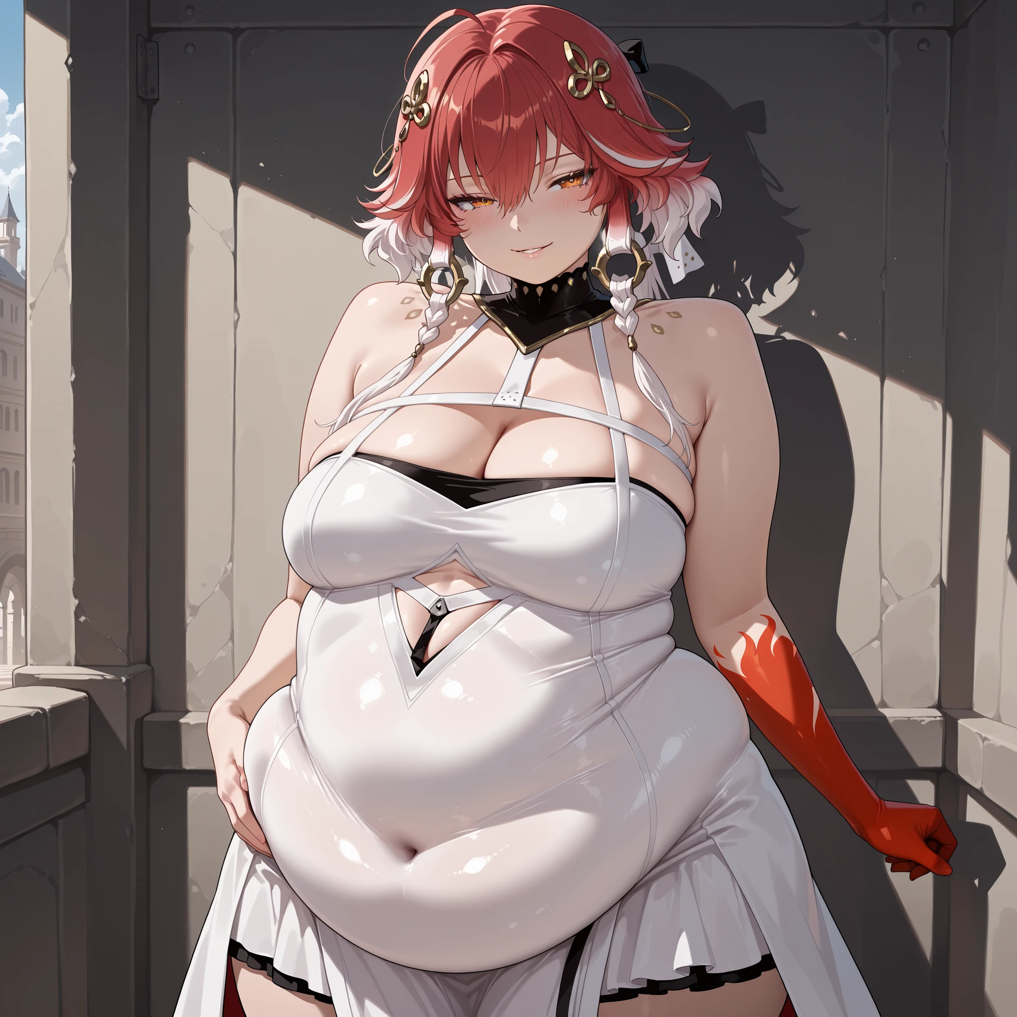 bloated belly,fat,plump,WeightChubby,changli(wuwa), dress, cleavage, orange eyes, bare shoulders, white dress, medium breasts, blush, red hair, streaked hair, white hair, single red glove,  cowboy shot, seductive smile, parted lip, dark alleyway background, midnight,  (masterpiece),(best quality),(ultra-detailed),(best illustration),(best shadow),(absurdres),(detailed background),(very aesthetic),