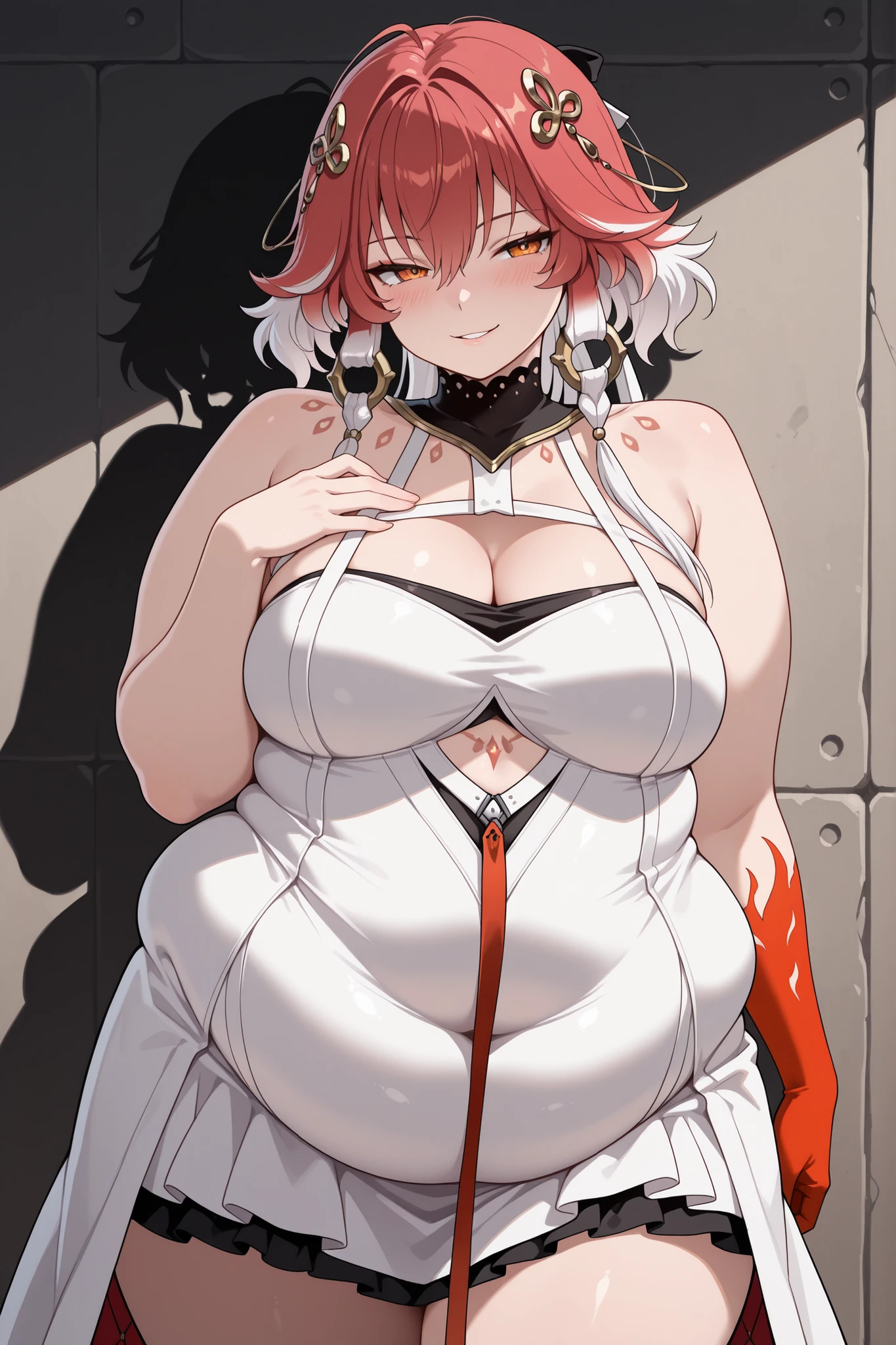 plump,obese,fat,WeightObese,changli(wuwa), dress, cleavage, orange eyes, bare shoulders, white dress, medium breasts, blush, red hair, streaked hair, white hair, single red glove,  cowboy shot, seductive smile, parted lip, dark alleyway background, midnight,  (masterpiece),(best quality),(ultra-detailed),(best illustration),(best shadow),(absurdres),(detailed background),(very aesthetic),