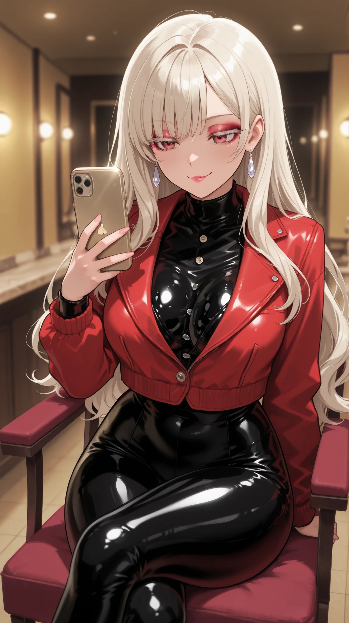 Anime-style woman sitting on a chair in a well lit room. Sitting next to the viewer. she stares at her phone with a bored expression. She wears a glossy black latex catsuit that hugs her exaggerated hourglass curves and enhances her voluptuous figure. Latex over her . She wears a red jacket with one button. Her red jacket has one single button. Her hair is platinum blonde and styled in long wavy layers, her makeup is bold with thick lashes and glossy pink lips. The room is ambient, Fancy, and stylish, with warm golden lights and blurred background. She stares at her phone with a bored, casual expression. Highly detailed latex reflections, warm lighting, open red jacket with one button, one button, smirk, legs crossed, platinum blonde hair color, silver earrings, bimbo aesthetic, soft background, intimate and stylish mood."