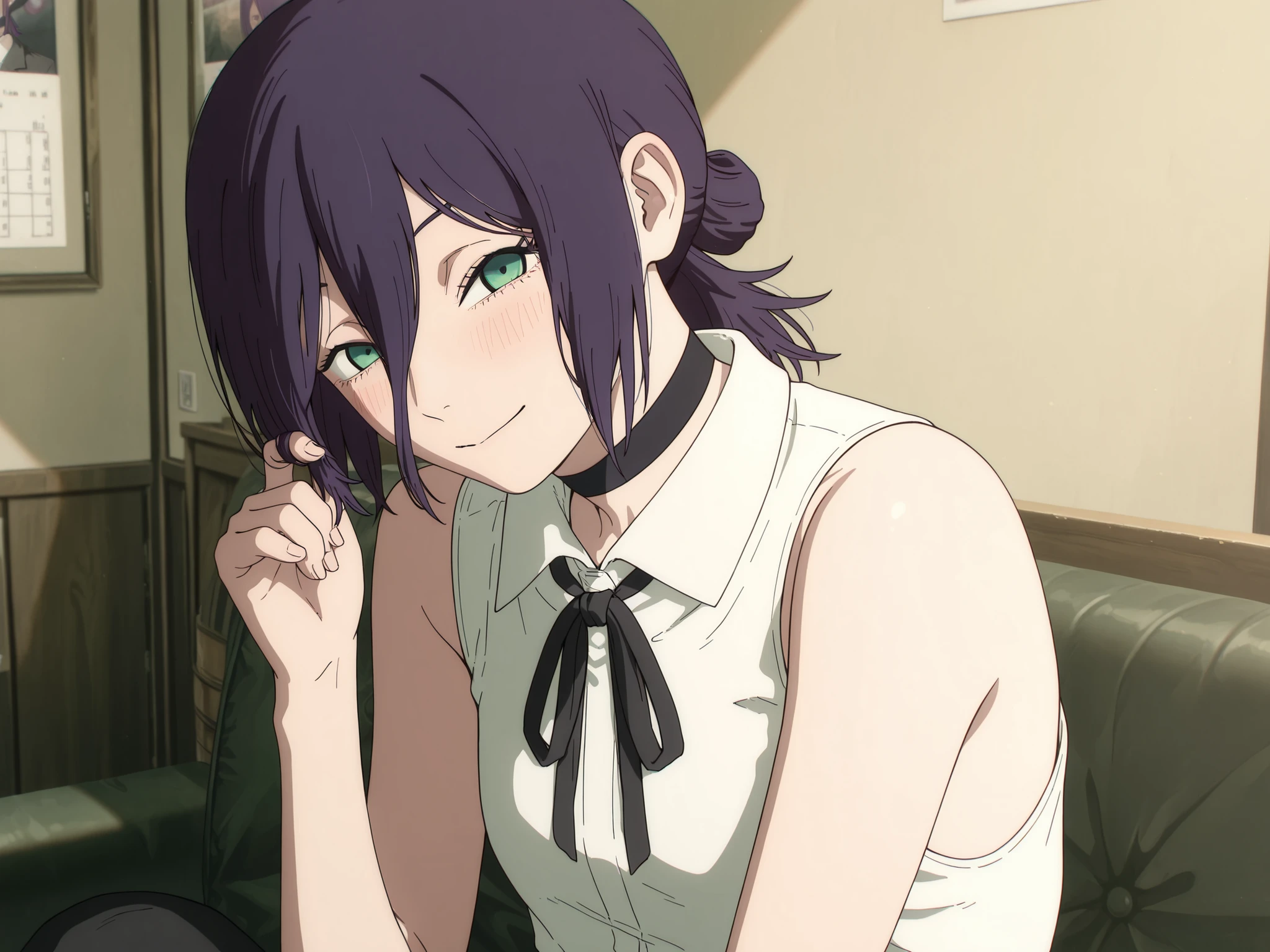 masterpiece, best quality, newest, very awa, masterpiece, best quality, absolutely absurdres, proportional body, proportional, beautiful hair, beautiful face, newest, detail finger, anime screencapreze, black choker, purple hair, choker, eyebrows hidden by hair, green eyes, hair between eyes, long bangs, medium hair, reze from chainsaw man,,bare shoulders, black ribbon, collar, collared shirt, neck ribbon, ribbon, shirt, sleeveless, sleeveless shirt, white shirt,  smile,  closed mouth,  sitting, playing own hair, blush1:1.4, shy expression, face away,  expression
