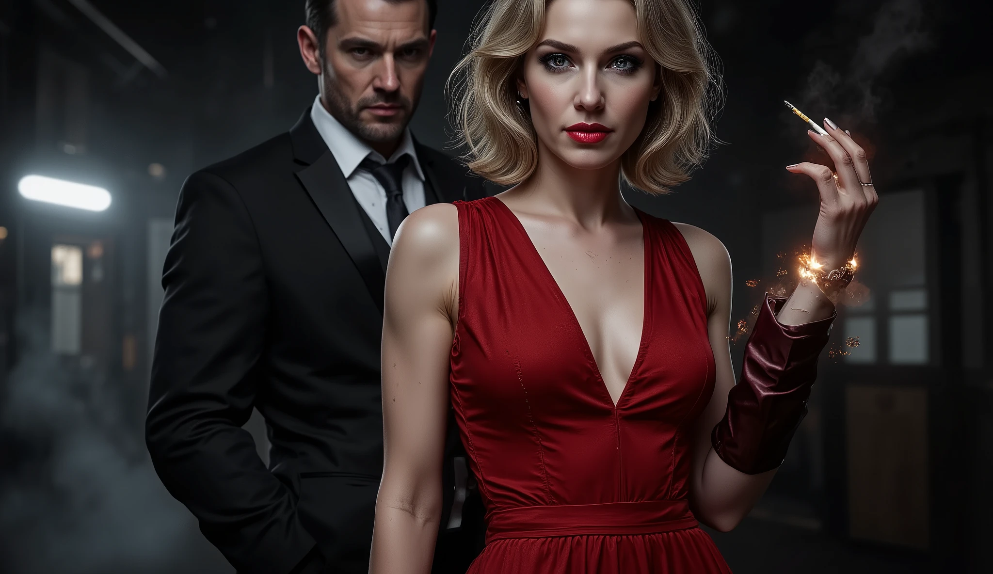 A hyper-realistic noir-style cinematic scene inspired by Sin City. A man in a sharp black suit and tie stands behind a woman in a deep red dress with a plunging neckline, holding a lit cigarette. The scene is almost entirely in high-contrast black and white, with selective red color highlighting her lips and dress. The woman has short blonde hair, a confident yet mysterious expression, and soft shadows contour her face. The man looks at her from behind, half-lit, exuding intensity and intrigue.
The background is dark and industrial, softly illuminated by blurred lights and smoke rising into the air. The atmosphere is filled with cinematic grain, smoke haze, and dramatic lighting, evoking a sense of danger and seduction.
High contrast monochrome with selective red color, photo-realistic lighting, volumetric smoke, detailed skin texture, ultra-sharp focus, 16:9 widescreen cinematic framing, 8K resolution, atmospheric depth and subtle film grain for realism.