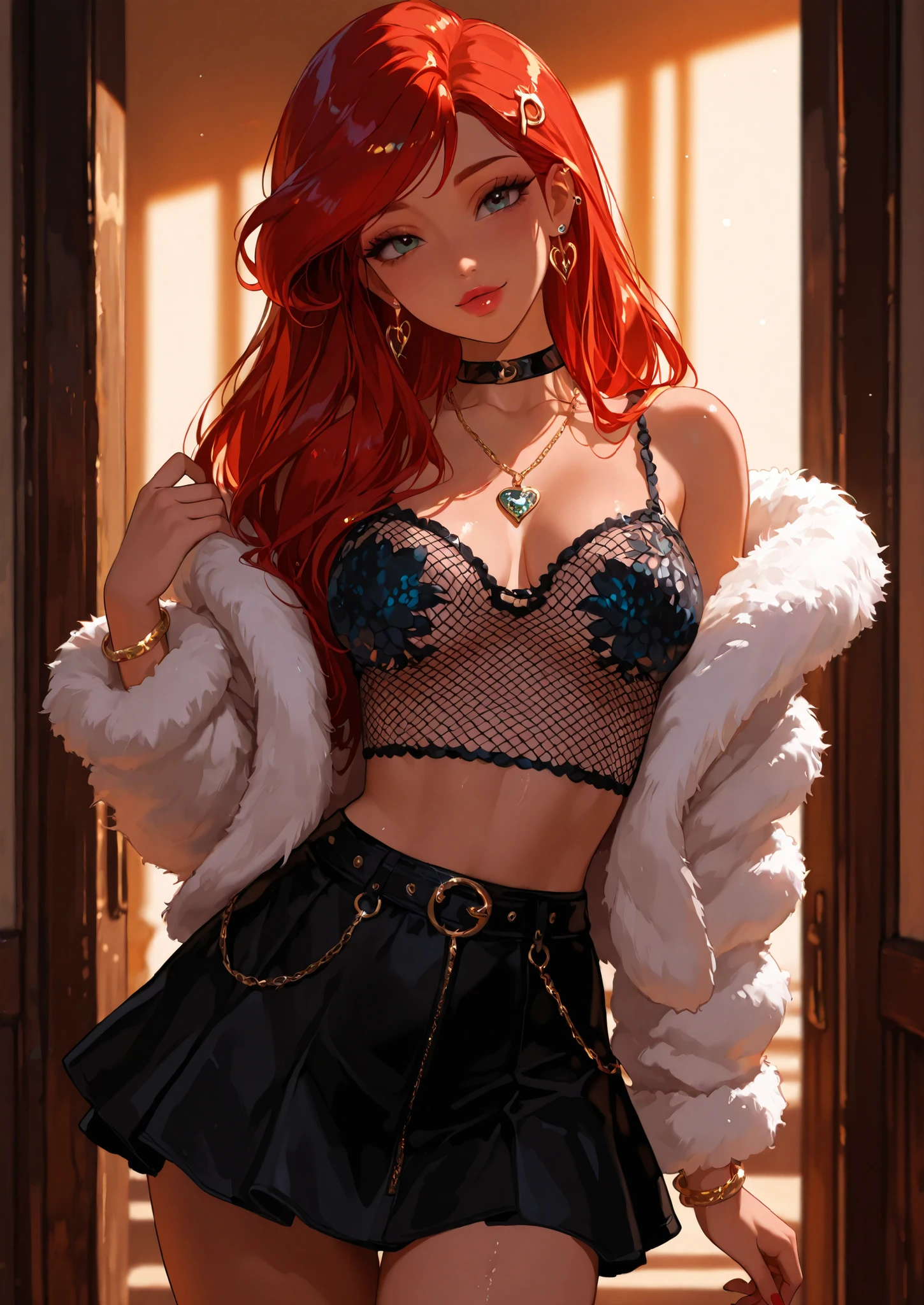 1girl, solo, ariel \(disney\), the little mermaid, gyaru cosplay, fur jacket, fishnet crop top, skirt, necklace, bracelets, piercings, naturally sagging medium breasts, seductive, sexy pose, alluring atmosphere, cinematic lighting and shadows, beautiful lighting and shadows, BREAK, masterpiece,top quality,warm color,high resolution,high fashion,absurdres extremely,vivid colors,intricate details,best quality,amazing quality,very aesthetic,newest,ultra-detailed, nsfw,