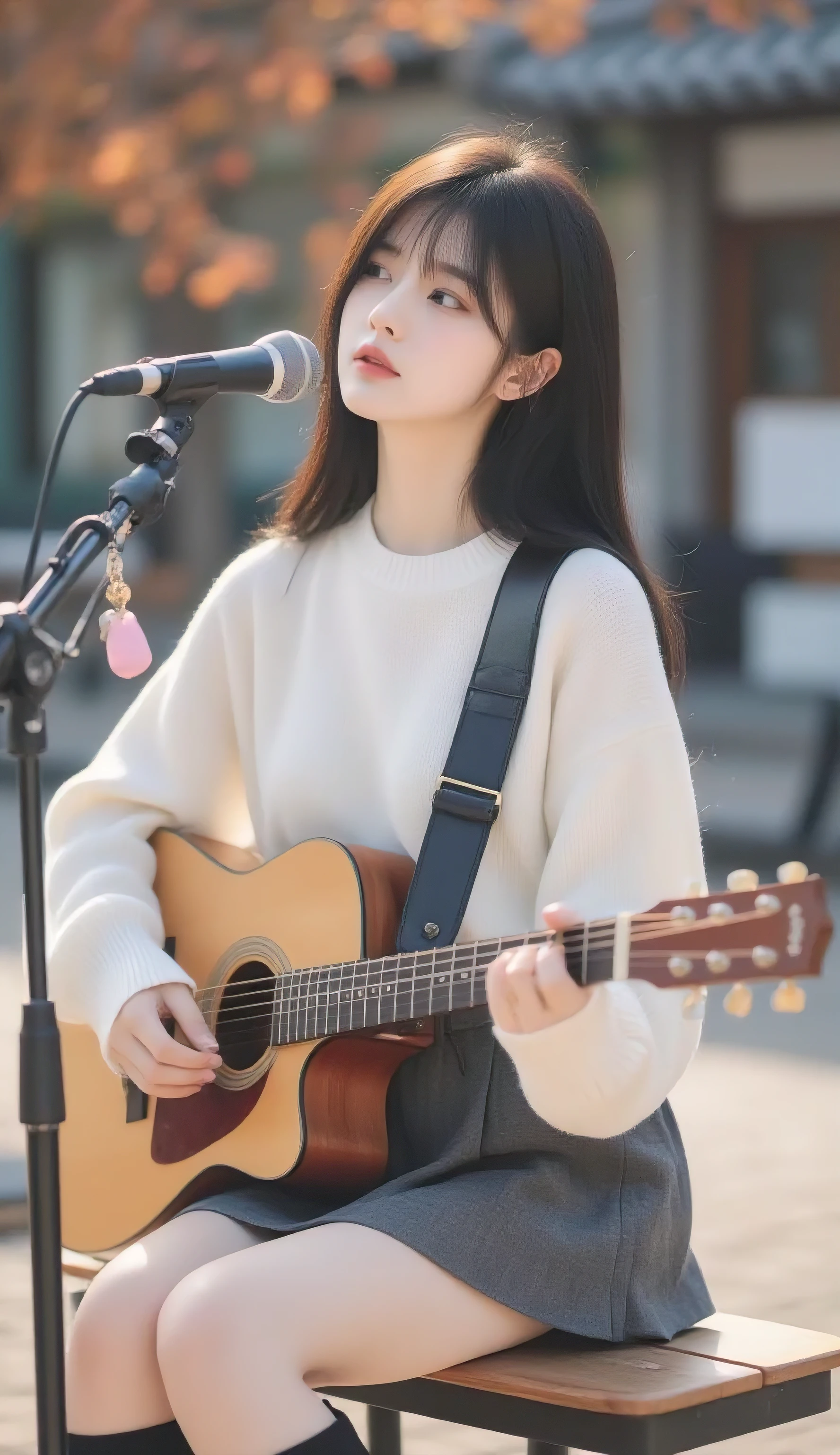 (Masterpiece, Best Quality: 1.2), Jiyeon_oc:1.2, Realism, Soft Natural Light, Detailed Shadow Expression, Super Realism, Realistic Naturalness,
Korea's top singer-songwriter female vocal performer, face close-up, black and long hair, black and long hair, white loose-fit sweaters, one shoulder glimpses. Charcoal flare mini skirt, black long boots, hip-hop style, innocent and beautiful Korean woman, scene of outdoor busking, tiny and cute pink keychain hanging from a stand microphone, standing in front of the stand microphone, sitting in dignity and elegantly playing the acoustic guitar and singing. Classy and elegant charisma, chic, chic, chic, sophisticated, light and simple, minimalist, stylish, trendy. Individual, beautiful, simple accessories, autumn days, outdoor busking. Natural facial expression and gaze processing singing while playing the guitar. Best singer-songwriter musician, emotional R&B female singer, balanced body, perfect anatomy, feeling of cell phone shooting. Full body shot.