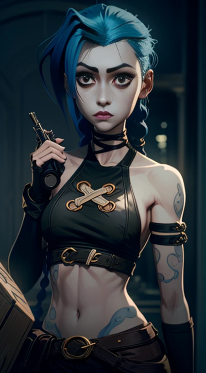 ((Best quality)), ((masterpiece)), (highly detailed:1.3), 3D, arcane style,In the dark and gritty dystopian city Piltover, plagued by  and divided into two opposing factions, a young prodigy named Jinx emerges. Having endured unimaginable loss and abandonment, she has embraced a life of chaos and destruction. Known for her inventive and explosive abilities, Jinx becomes an icon of rebellion against the oppressive forces controlling the city. However, haunted by guilt and battling inner demons, she must confront her past and decide whether to continue down the path of anarchy or seek redemption amidst the turmoil. Explore the journey of Jinx as she navigates a treacherous world, fighting for survival, unraveling secrets, and discovering the true meaning of her twisted existencechaos reigns supreme, and at the heart of it all is Jinx, the embodiment of unpredictability. Delve deep into the twisted mind of Jinx, exploring the origins of her madness and the driving force behind her destructive nature. Unveil the moments that shaped her into the deranged and iconic character we know. Take us on a wild journey through the vibrant streets of Piltover and the grim underbelly of Zaun as Jinx wreaks havoc with her explosive arsenal. Can redemption ever find its way into Jinx's fractured soul? Or will she forever dance on the edge of sanity, embracing the chaos that fuels her very existence? The fate of Arcane hangs in the balance as Jinx's path intertwines with unlikely allies and formidable foes. Ignite your imagination and paint a vivid portrait of Jinx's twisted psyche, capturing the essence of her madness and the untamed spirit that defines her,HDR (High Dynamic Range),Ray Tracing,NVIDIA RTX,Super-Resolution,Unreal 5,Subsurface scattering,PBR Texturing,Post-processing,Anisotropic Filtering,Depth-of-field,Maximum clarity and sharpness,Multi-layered textures,Albedo and Specular maps,Surface shading,Accurate simulation of light-material interaction,Perfect proportion