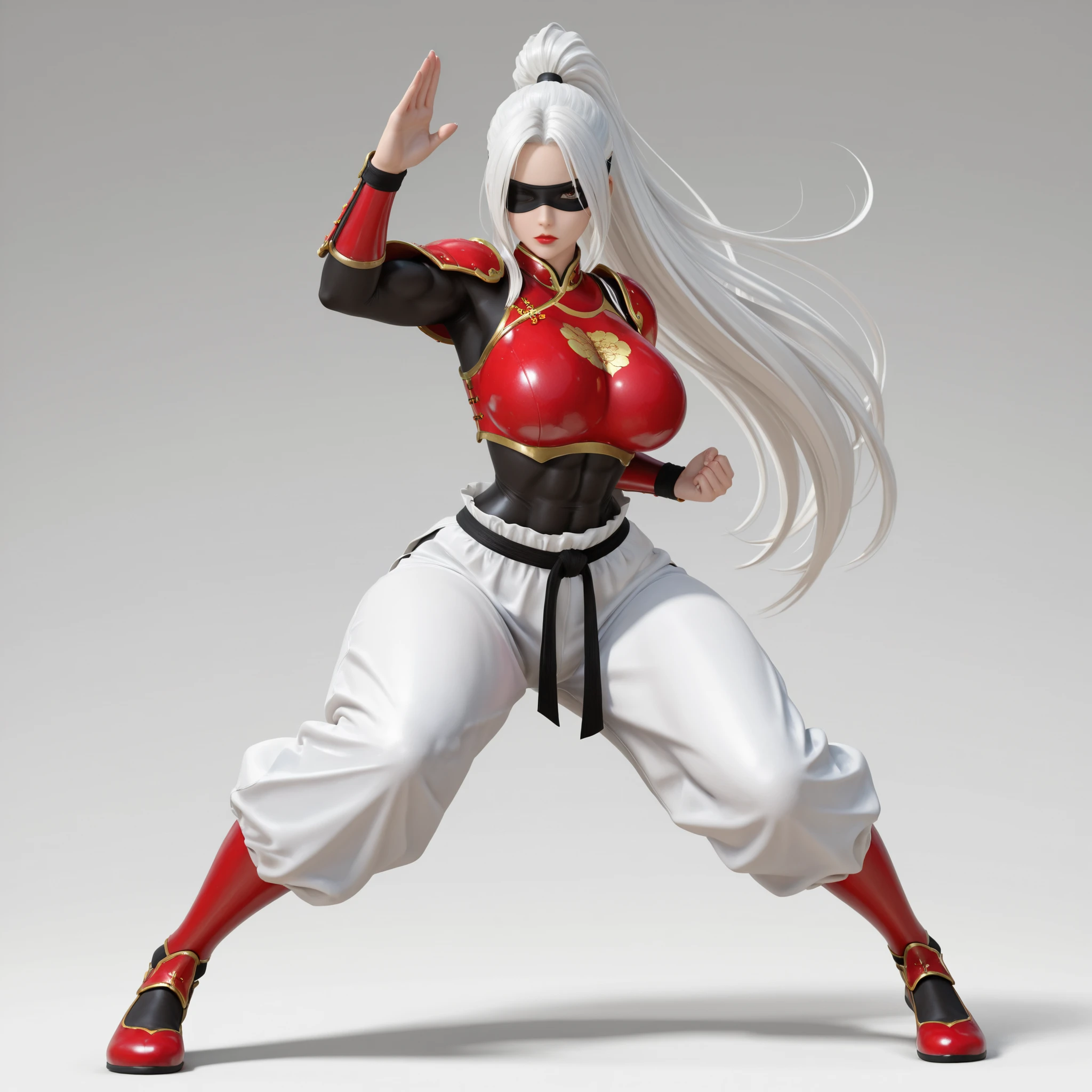 masterpiece, ultra-HD, impressionism, high detail, best quality, very aesthetic, 8K, best quality, beautiful, ultra-high resolution, 32K UHD, sharp focus, 3D, 1woman, solo, very long white hair, straight hair, high ponytail, black blindfold, red lips, big breasts, narrow waist, wide hips, thick thighs, shapely legs, toned, slim, black tight bodysuit, white baggy pants, golden chinese armor, red armor, metal plates, bare hands, serious, standing, fight stance, martial arts, full body, dynamic pose, action, dynamic perspective, looking at viewer, simple background, front view