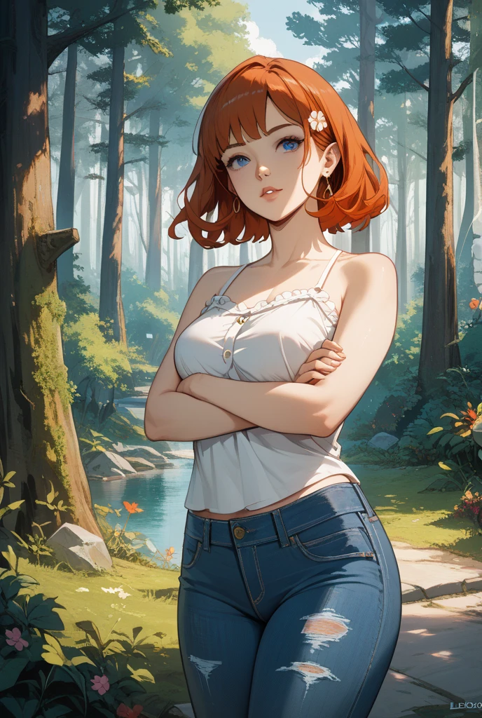 close up 1girl in, teenager, Solo, vibrant red hair, straight red hair, short red hair, light gray eyes, some small freckles, pale skin, , , runners body, (thin , thin waist: 1.25), (arched back:1.12), detailed skin, mischievous face, pouting, revealing clothes, (wearing cropped tank top, blue jean shorts ripped, hair clip: 1.1), looking at viewer, (hands on :1.37), (sitting down on log: 1.22), (dark natural fox ears:1.25), (fox ears only), ears covered by hair, (detailed magical forest background:1.1), creek, overlooking opening in forest, relaxing, 4k textures, soft light, elegant, highly detailed, sharp focus, soothing tones, insane details, intricate details, hyperdetailed, low contrast, exposure blend, hdr, faded