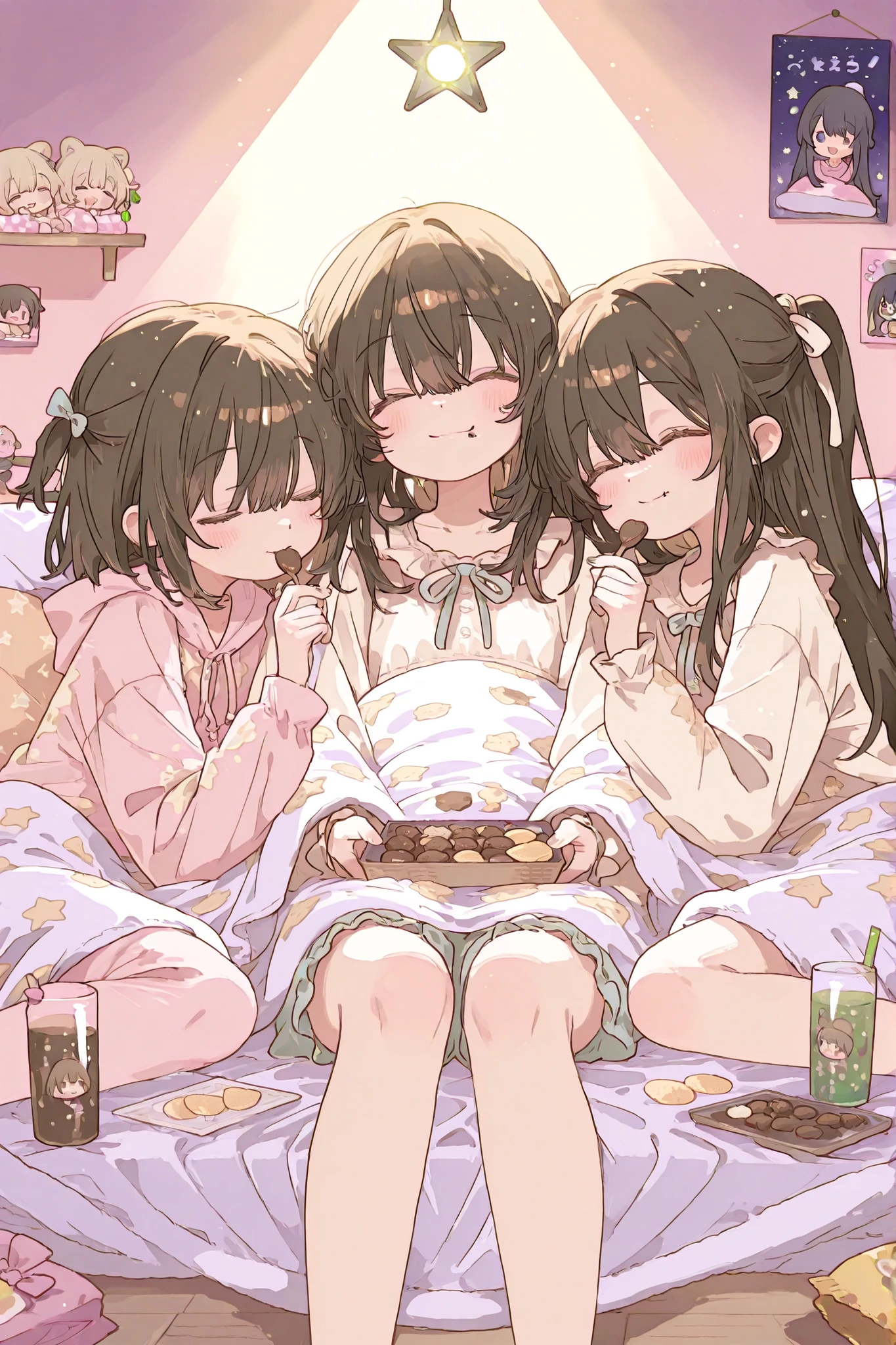 3 young girls、Sub-feeding House、handmade blanket tent、cozy atmosphere、surrounded by sleeping bags and cushions、smiling and chatting、eating sweets and snacks、Potato Chips Bags、Chocolate、cookie、Soft drinks、wrapping scattered sweets、soft lighting、warm colors、Moments of Friendship、relaxed posture、in pajamas、casual loungewear、a girl in a ponytail、girl with short hair、Long Haired girl 、different hairstyles、Traces of throw pillows、可愛らしいSub-feeding Houseの装飾、 wall poster 、Toy shelf、plush、Star-shaped light ,Intimate conversation、Girls' Night Out、expressions sharing secrets、atmosphere where you can hear laughter、comfortable space.