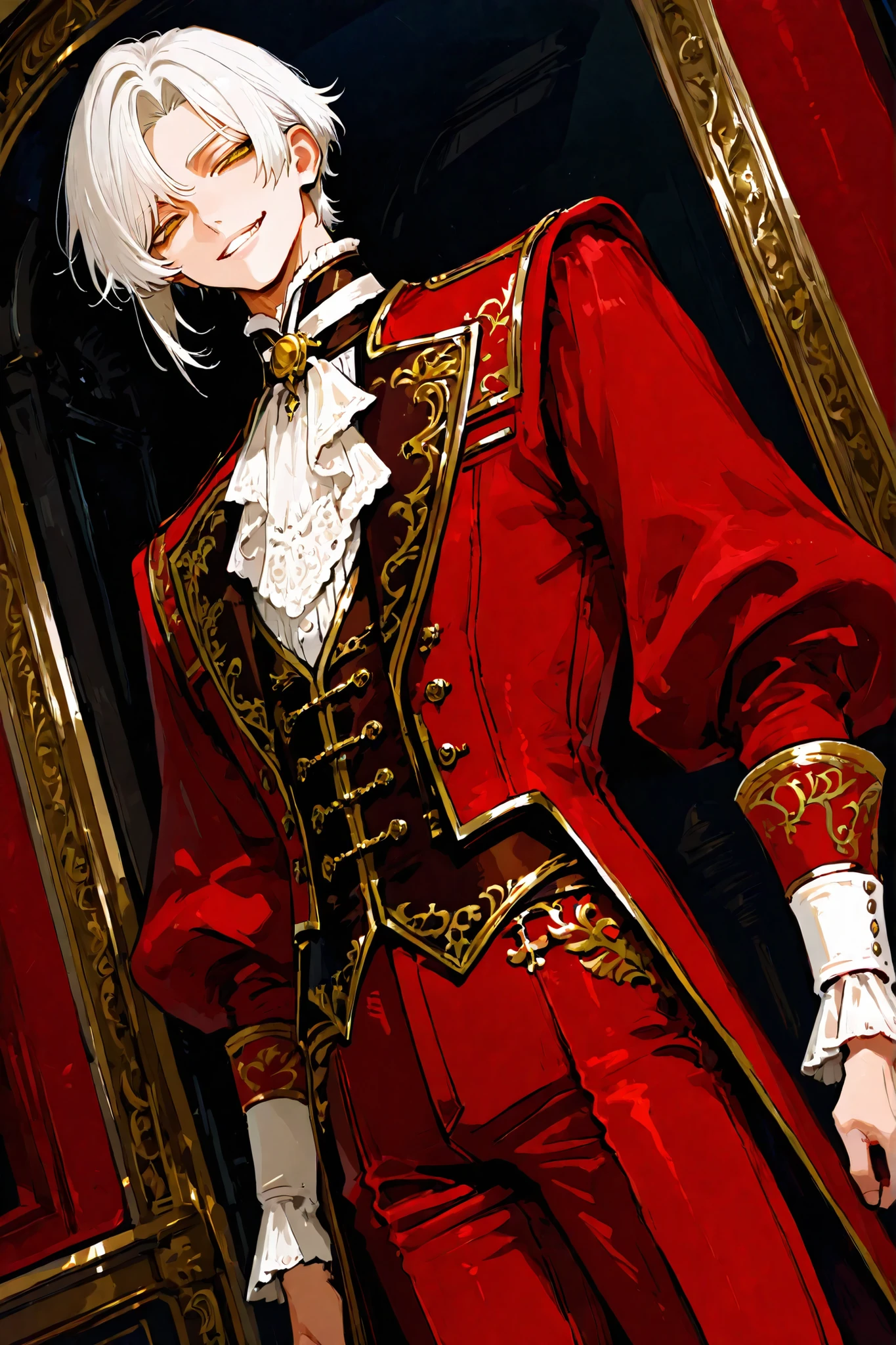 1man, bishounen, short hair, white hair, curtained bangs, yellow eyes, victorian clothes, red coat, red pants, gold trim, cutlass at side, standing, smile, grin, cocky smirk, dynamic angle