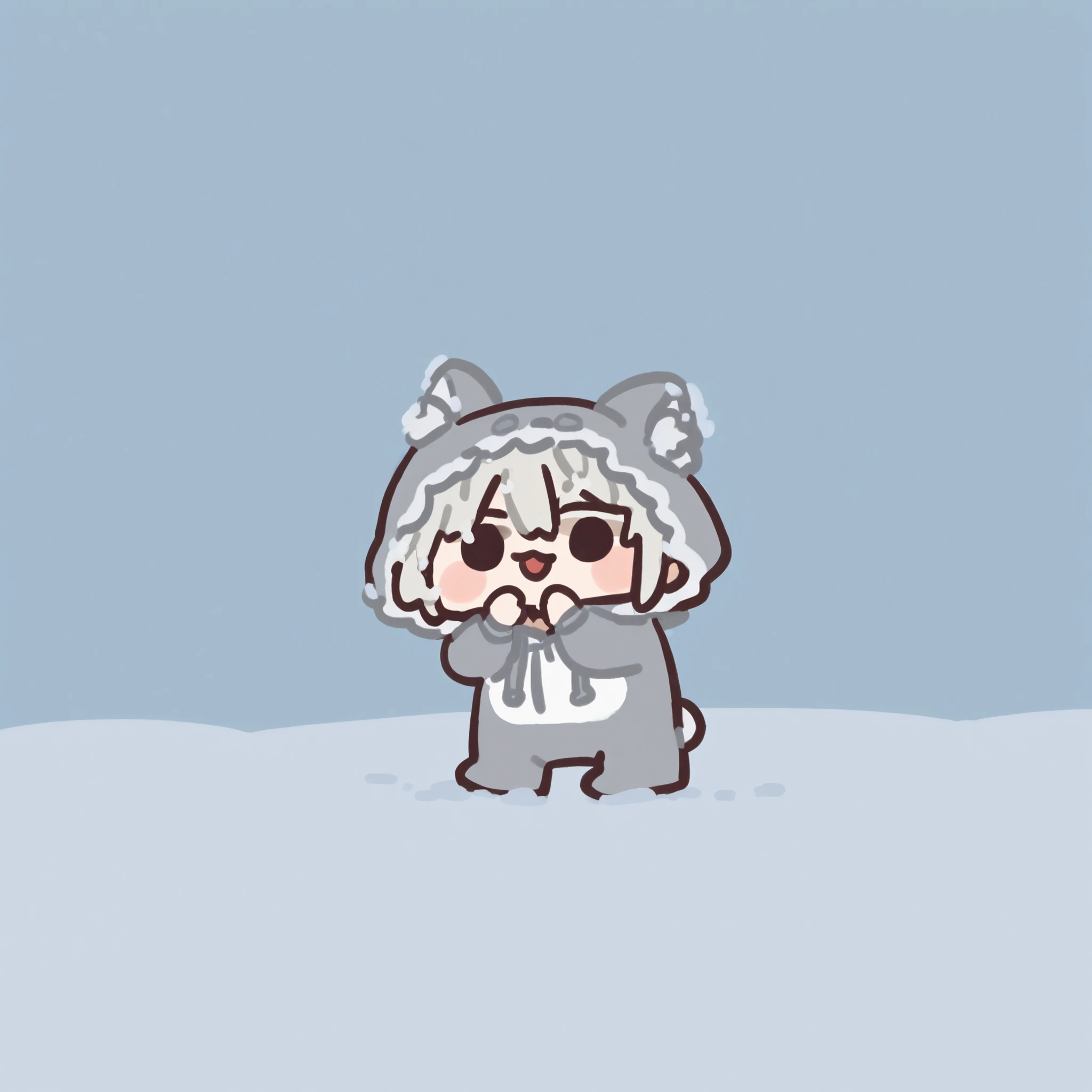 a chibi boy with white hair dressed up in a white wolf onesie, playing in the snow in front of a warm lit snow covered cottage in the woods, happy, playing, dancing around