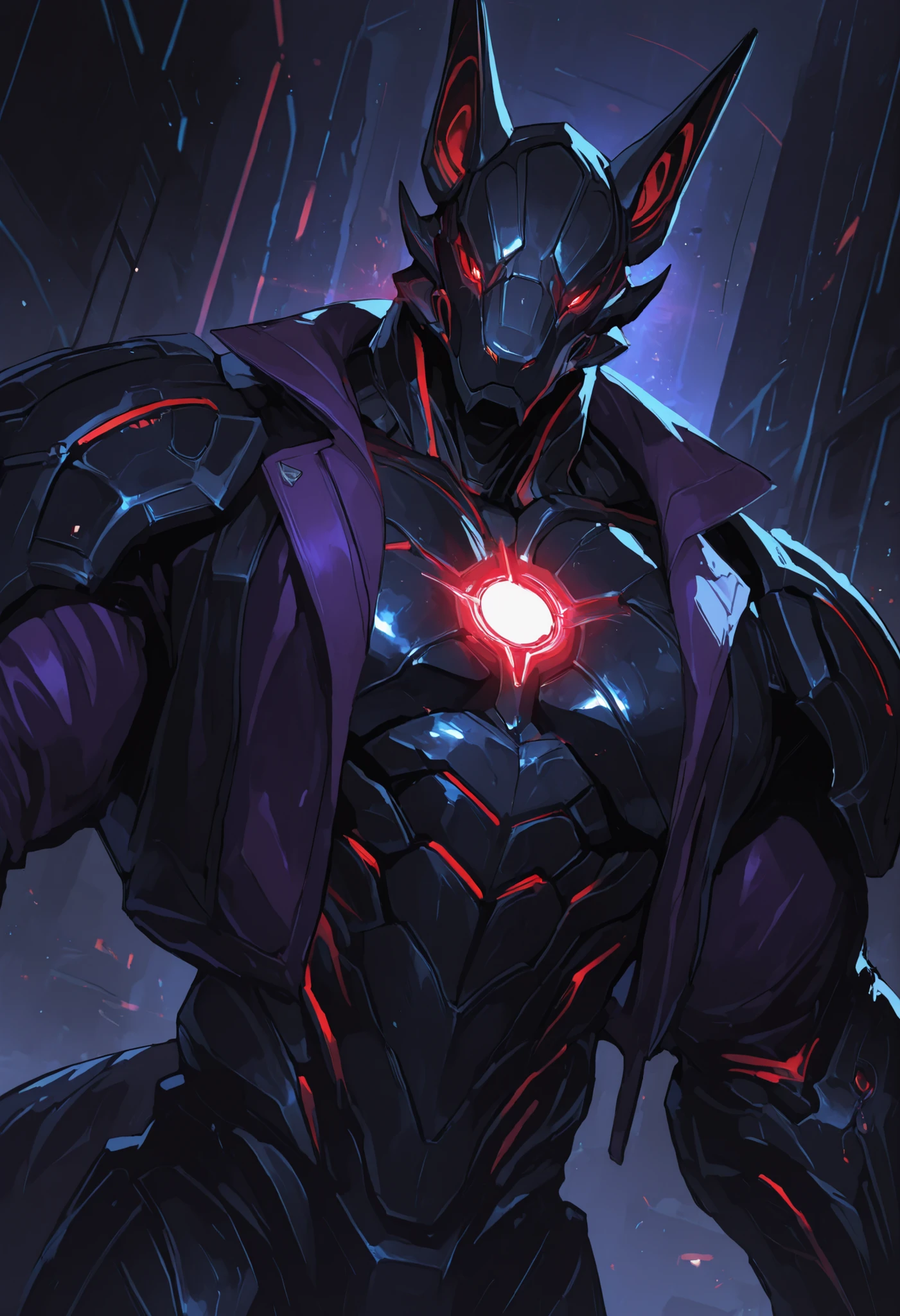 score_9, score_8_up, score_7_up, score_6_up, score_5_up, score_4_up, gigerworld, anthro jackal, wearing black waistcoat over heavy armor, bulky, wide chest, purple expensive jacket, open shirt on chest,
cybrog, anthro, jackal, male, Muscle, Delicate face, Delicate eyes, 1 big tail, (glowing LED), rubber goo body, crimson glowing eyes, black steel scales, black and evil armor, futuristic fantasy evil armor, heavy armor, snout-cover armored mask, faceless head, balanced physique, muscle-shaped armor, war machine, muscular physique, thick arms and legs, claws, warframe, cyborg
dnd, powerful pose, levitating, advanced and stylish design, dutch angle, portrait, upper body focus, detailed background, newest, extremely detailed CG unity 8k wallpaper, realistic, masterpiece, highest quality, masterpiece, highest quality, lens flare, unreal engine, trending on ArtStation, Intricate, High Detail, dramatic, beautiful and detailed lighting, shadows