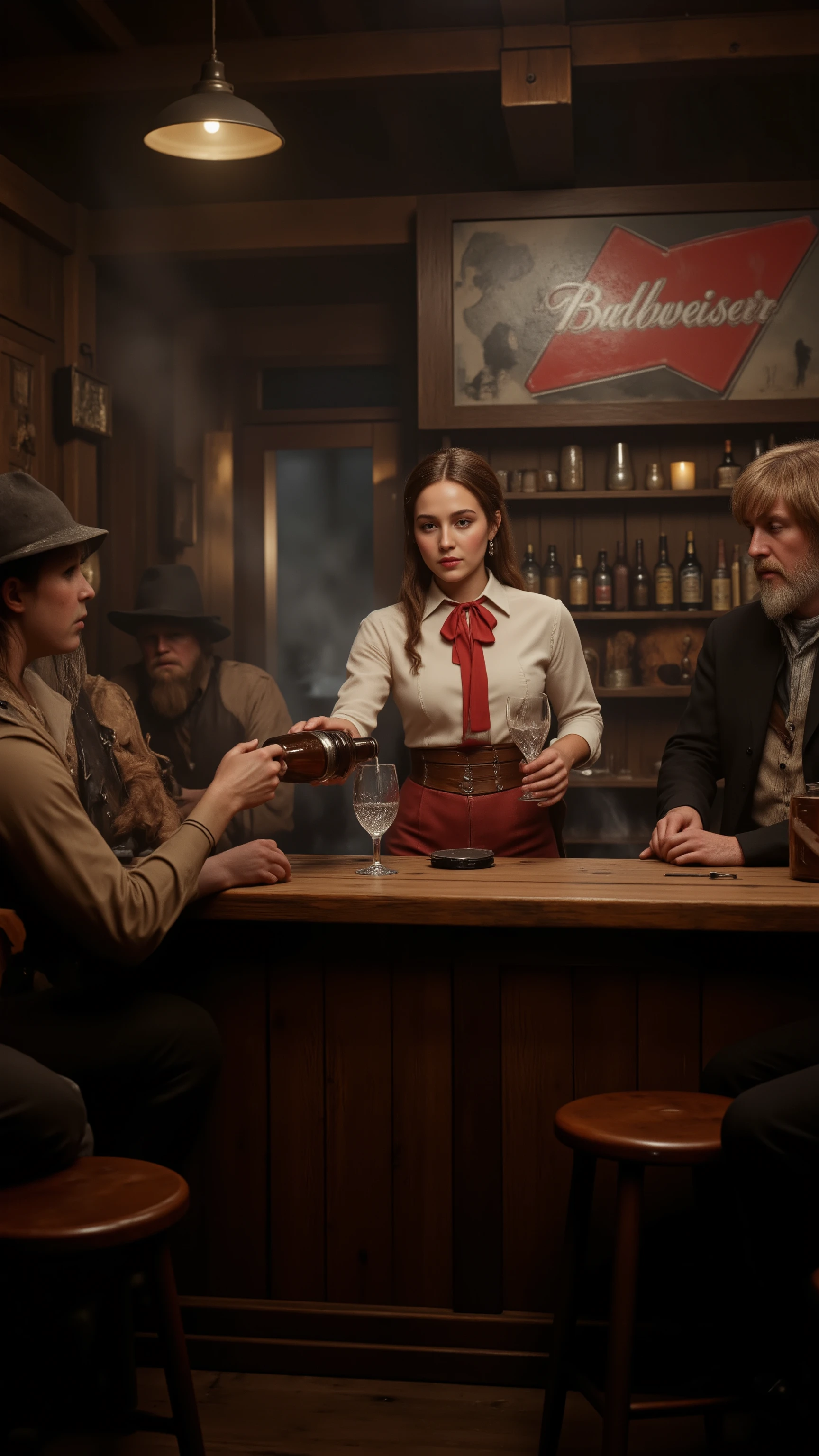 high-definition images、I traveled back in time to a bar in the Wild West、(Budweiser Girl、red letters on white in the style of all time)Pouring alcohol to rough gunmen