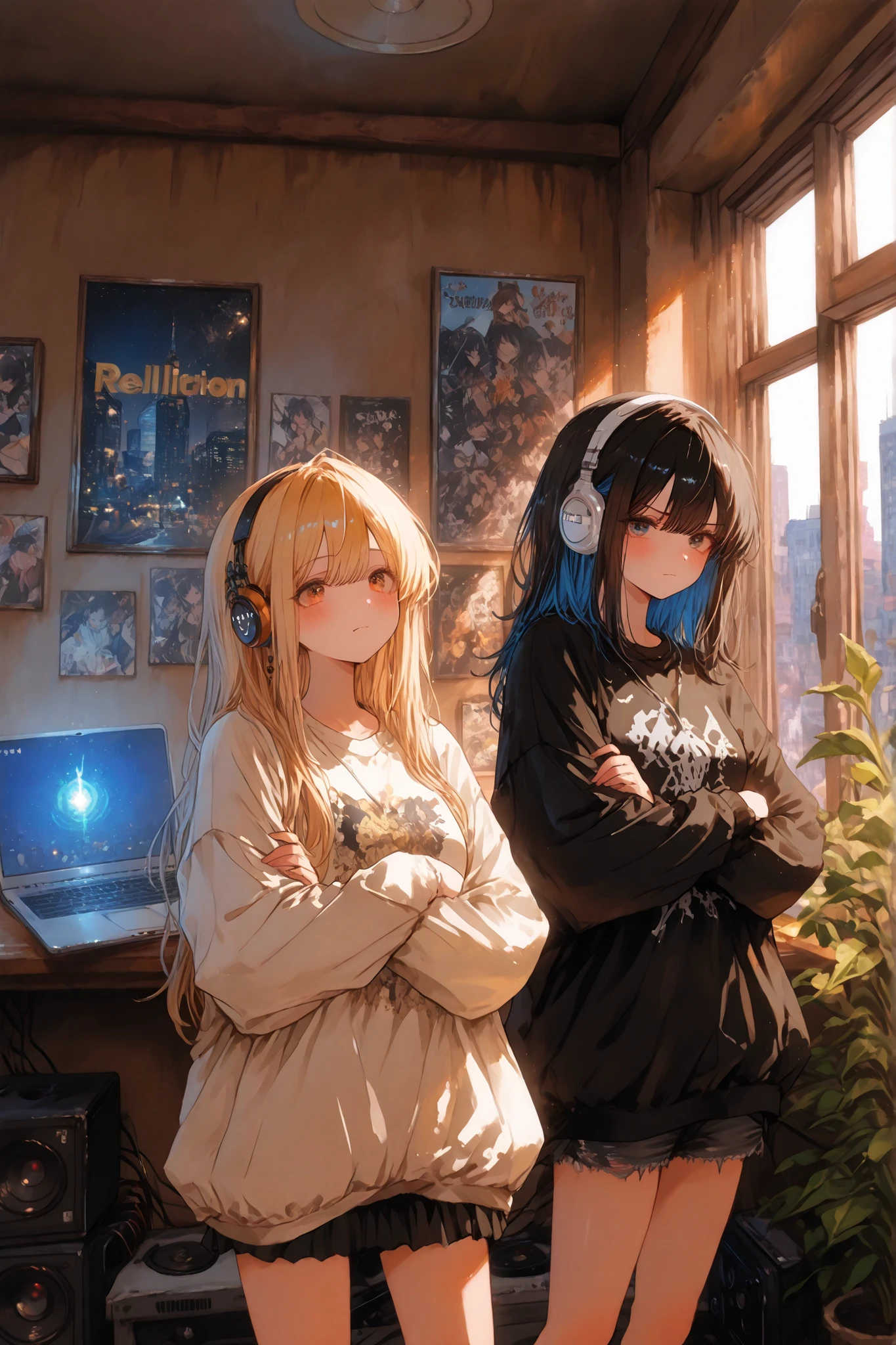 最High Quality, masterpiece, Manga style production,  、anatomically accurate、、Super Detailed,high resolution,Acetate Rendering,High Quality、,Acetate Core _9、Acetate Core _8_up、Acetate Core _7_up、最High Quality、、((Two Girls Sharing a Room))one girl（ Gal、Blonde、Galメイク、Punk Fashion 、Rebellion、rebellious attitude、headphones for listening to music、listen to music)、one girl(long black hair(Highlights Crimson)、Punk Fashion、standing with arms crossed、Silver Accessory、Read magazines)、High Quality, masterpiece, Ultra Detailed Description,, Contemporary share house,  Shared Living Space in the Background, Other Residents' Belongings Scattered, natural light coming in through the window, an interior with a sense of life, Shelf with Plants, Open Laptop, picture with roommate on wall, Memorabilia with friends々, cozy atmosphere, Comfortable space, Warm light from desk light, City Scenery Outside the Window、上Rebellionの少女,Teenagers, grumpy expression on the bench, standing with arms crossed,  turns its face away, Rich in Emotional Expression, youth culture, Urban Atmosphere、headphones for listening to music、Music CD, audio、speaker