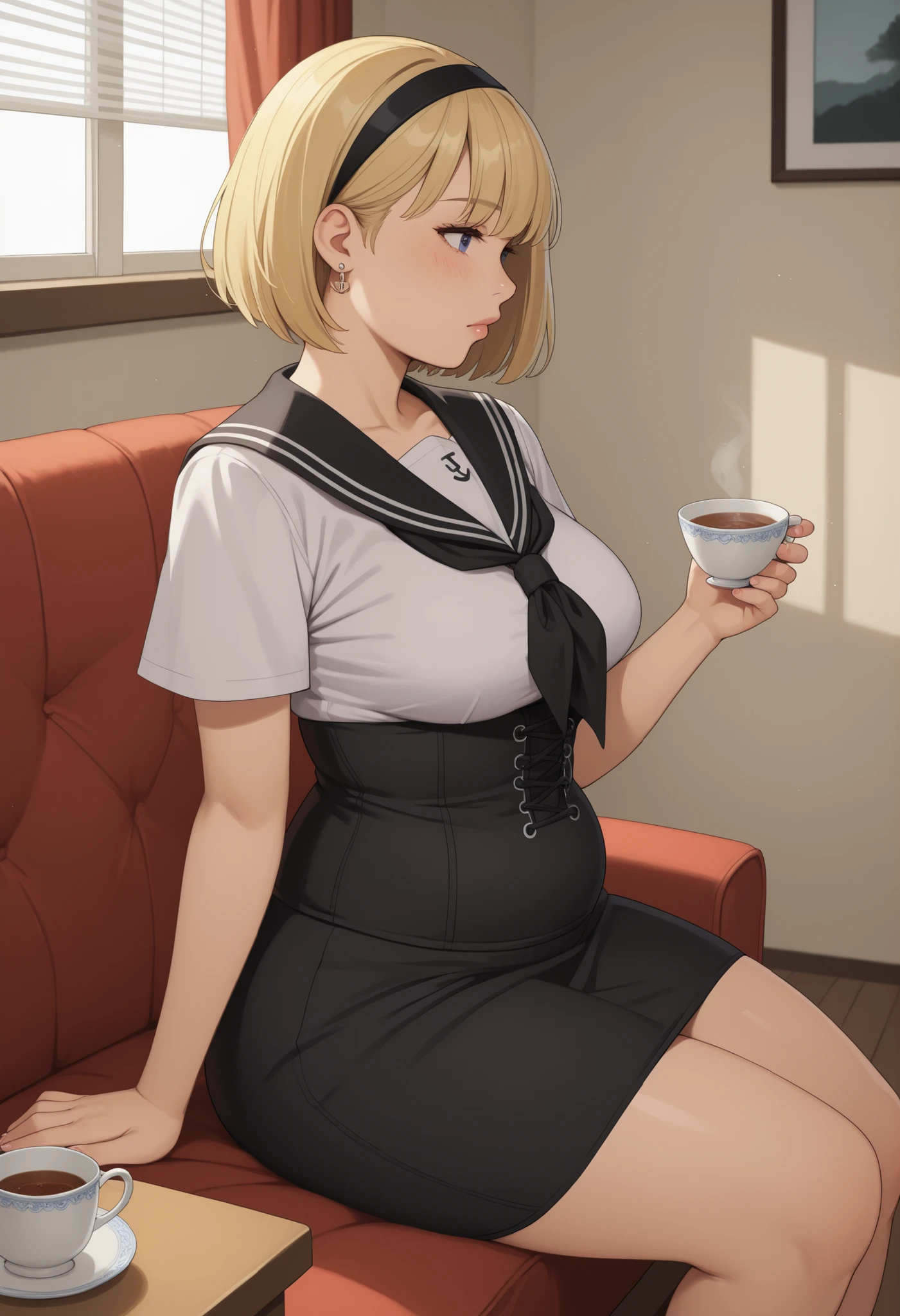 rita loud, mature woman, blonde hair, solo, short hair, medium saggy breasts, gigantic hips. gigantic ass. earrings, fat. | masterpiece,best quality,newest, 1girl,solo, hairband,clothes writing,anchor symbol, h_clothes,black neckerchief,black sailor color,black bodysuit,corset,black mini skirt, window,wooden floor,shade,blinds,tile wall,looking_at_viewer,dynamic_angle,cinematic_angle,light_blush,parted lips,hand up,sitting_on_couch,teapot,teacup,holding_cup,high tea stand,scone,pov,from_side,profile,expressionless,