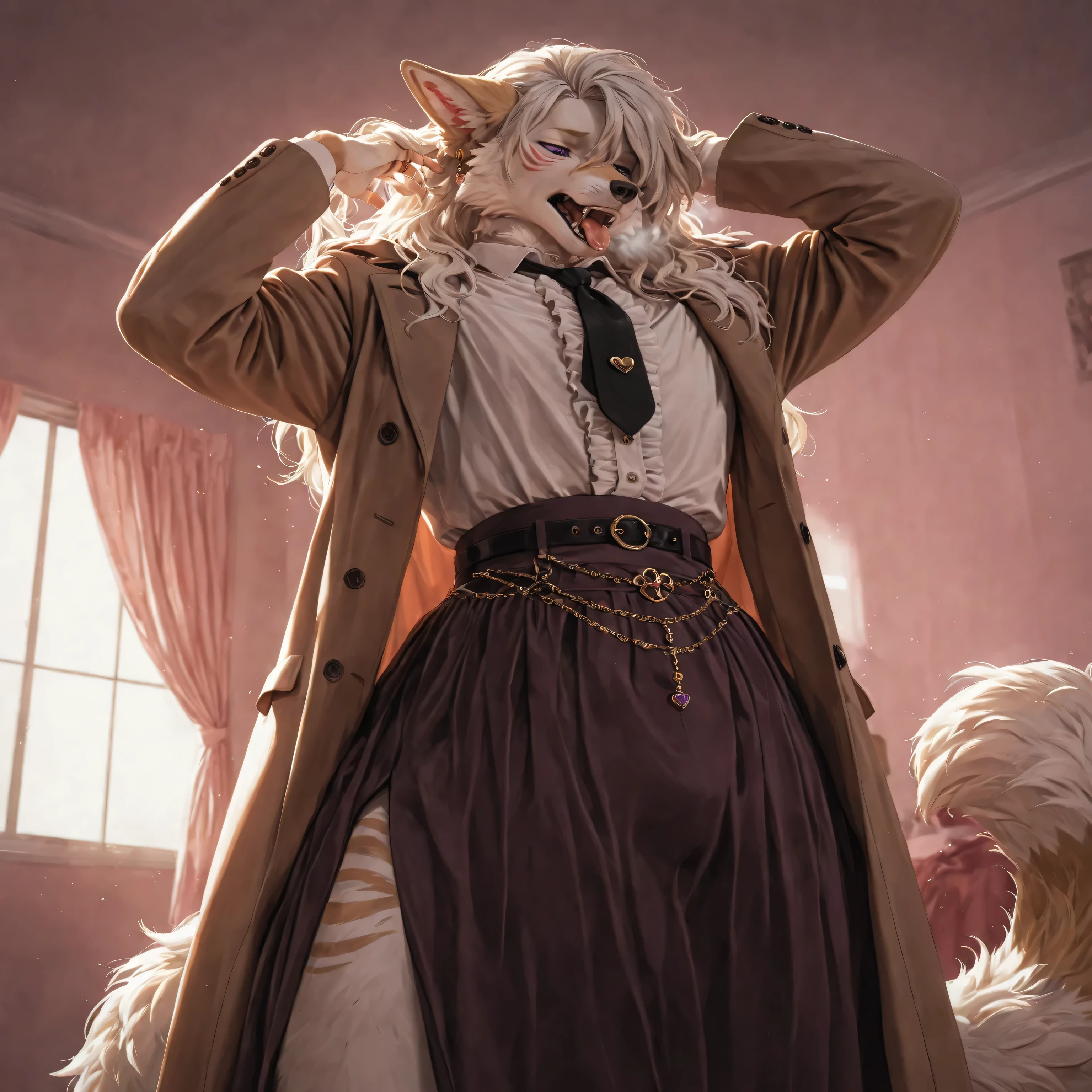 Elegant and clever Furry effeminate wolf ,soft short frilled shirt, long hair, fabric short detailed skirt, delicious bulge, short wide skirt, looking at down, eyes down, long sleeves, hearts, bow, solo, clothes room, comfortable,stylish outfits,clothes details, clothes textures, feminine office outfits and suits , tie with details ,bulge details ,fingers details,deep image rendering,blender engine , high quality outfits textures,buttons details ,bulge appearance, ,buttons detailed ,4k upscale,high quality textures ,perfect upscale ,solo, He looks at his body with admiration،eyes down, sexual temptations by body, waist details under the skirt, acting like a lady very well,male with feminine beauty face, feminine moves and behaviors, long and soft feminine hair, very embarrassing, elegant feminine outfit, perfect crossdressing appearance, very realistic Furry face, tail appearance, shadows, eyes details, improve face textures details deeply, so polite elegant lady pose acting, rings,earrings, feminine belt, manly arms, rough and strong manly hands, elegant feminine pose, He looks at his bulge carefully, wearing long femmine coat, hot breathing, fluffy cheeks, cinematic scene style, cinematic filter, thighs details, embarrassment face, temptation bulge view behind the skirt, looks very busy with his outfit arrangement, deep details of clothes textures fabrics, silly tongue, he feeling phenomenal, feminine clothes fetishism,he loving feminine clothes so much, modern design clothes, charismatic Furry, realistic colors, 4k upscale, high quality details, character best detailing, sleepy, male furry body features, He looks very fashionable lady, looks enjoying, sexy legs, feminine variety, good effeminate style with beautiful face, soft coquette, gender identity disorder, handsome effeminate furry, hands on hair playing, temptation view of body, hands closing coat buttons, fingers on coat buttons, manly chest